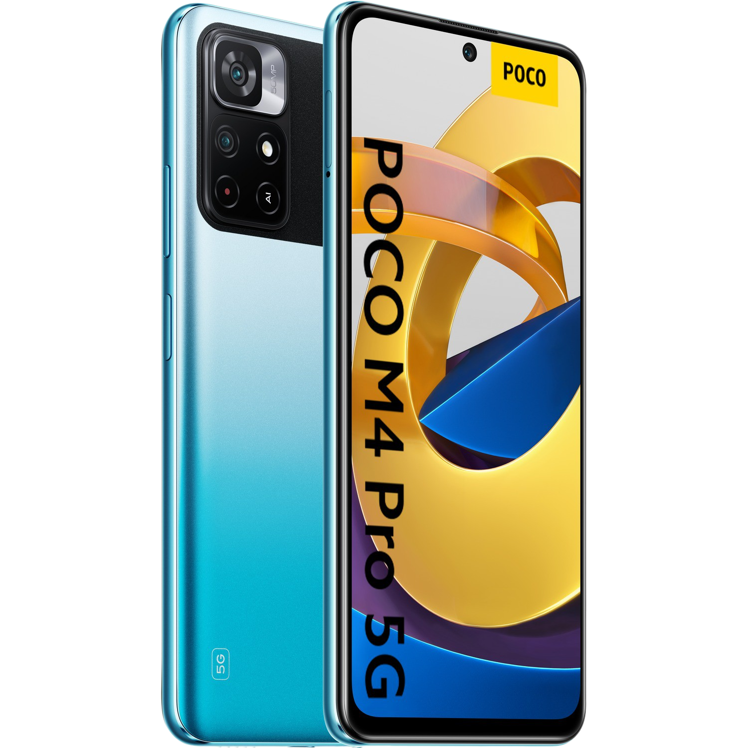 Smartphone azul con tres cámaras. La parte delantera tiene el logo POCO y el título del juego.