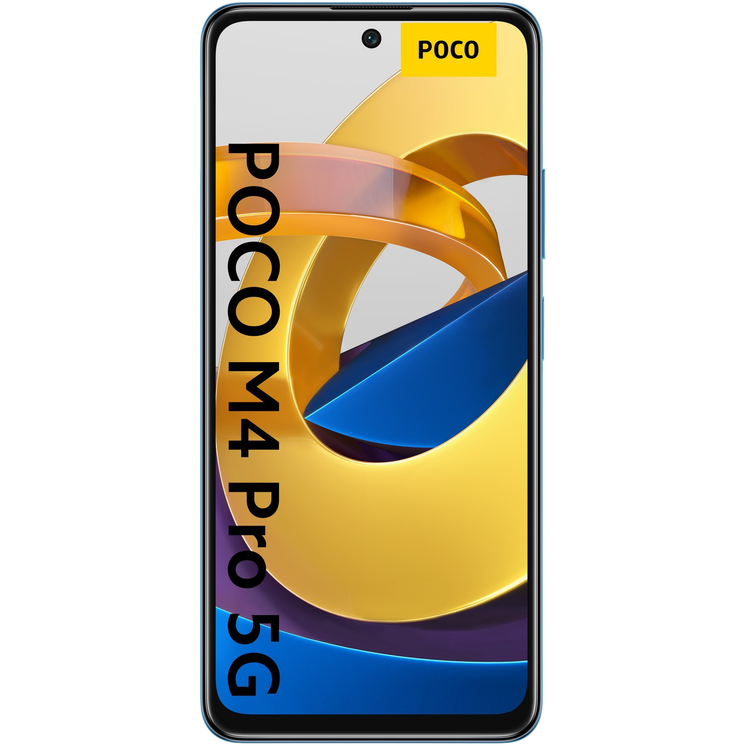 Smartphone POCO M4 Pro 5G, vista frontal, fondo blanco con elementos abstractos coloridos.