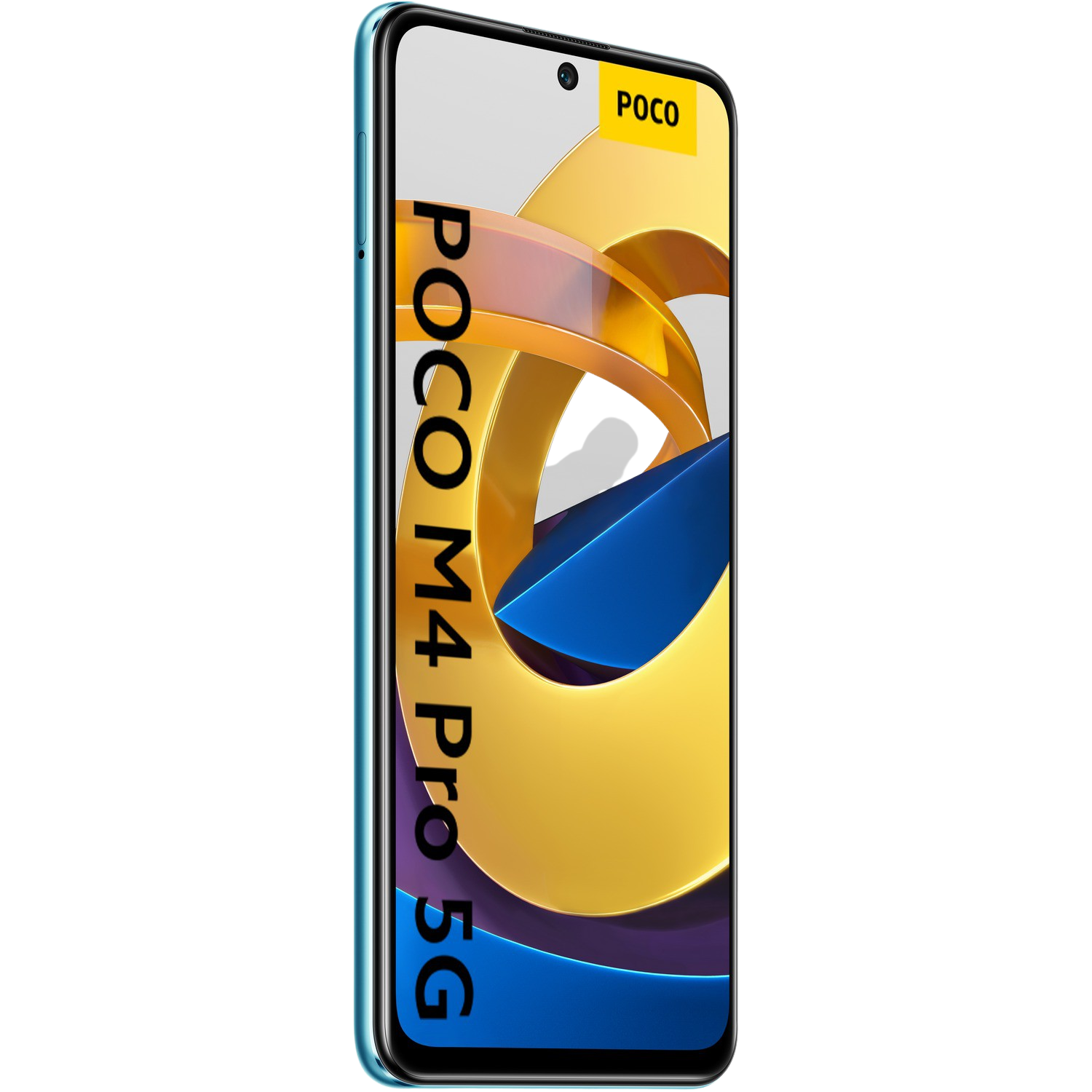 Un teléfono Poco azul está en ángulo, mostrando su pantalla con las palabras Poco M4 Pro 5G.