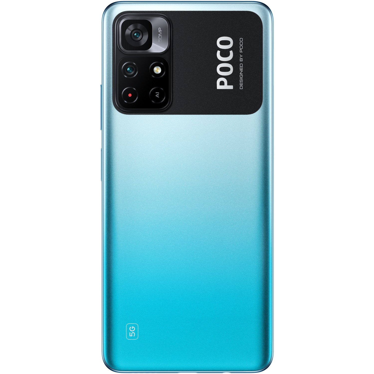 Un teléfono azul con una sección de cámara negra y el logotipo POCO sobre un fondo negro.