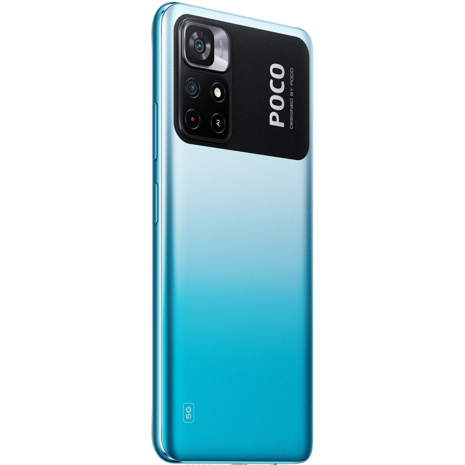 Teléfono POCO azul y negro sobre fondo negro, en ángulo para mostrar la parte trasera.