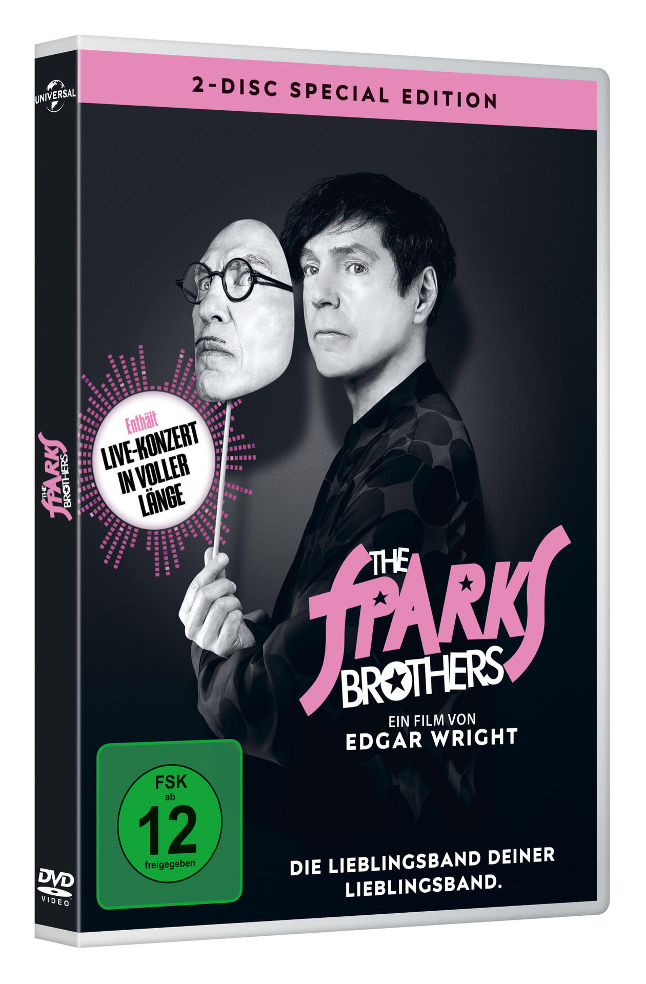 DVD-Hülle mit Sparks-Brüder-Bild. Ein Mann hält eine Maske, Text in Rosa und Grün.