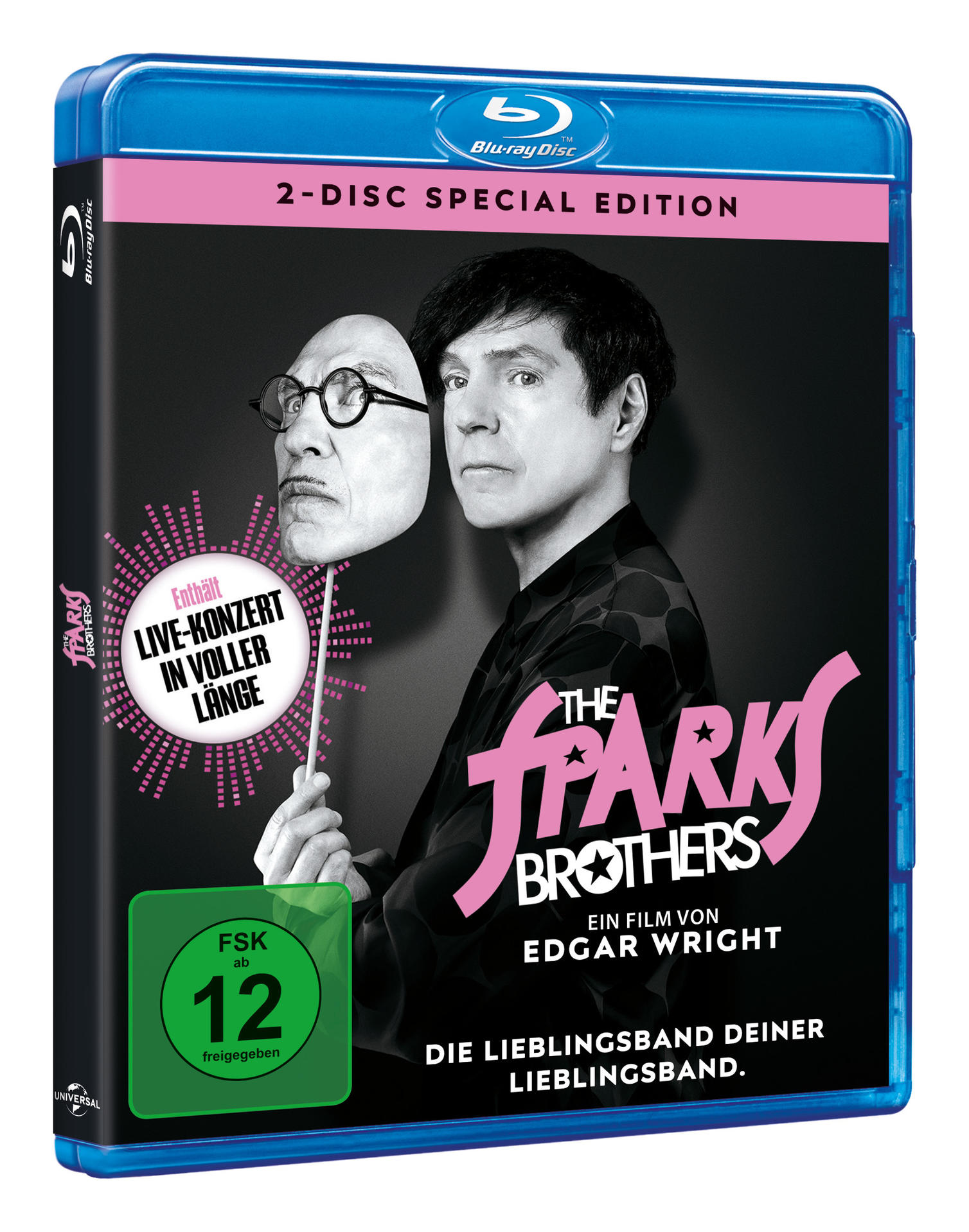 DVD-Cover: Sparks Brothers Film. Mann hält Maske, pinker und schwarzer Text.