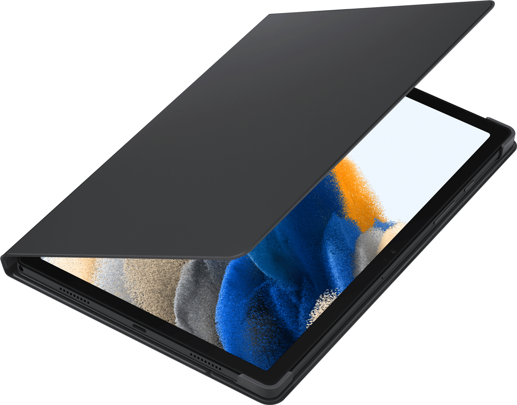 Zwarte tablet met gedeeltelijk open zwarte hoes, toont scherm met blauw en wit.