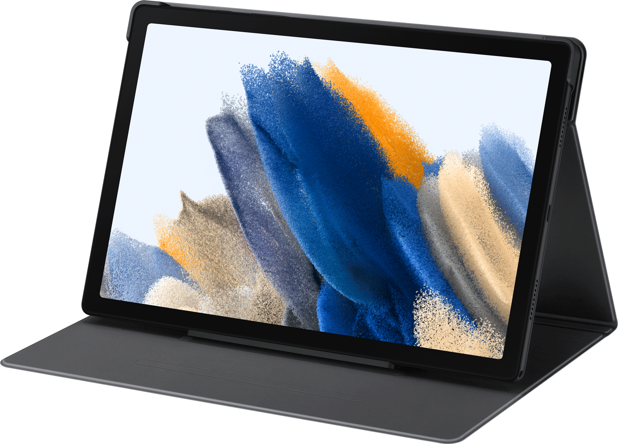 Een tablet met een hoesje, op een witte achtergrond. Het scherm toont kleurrijke graphics.