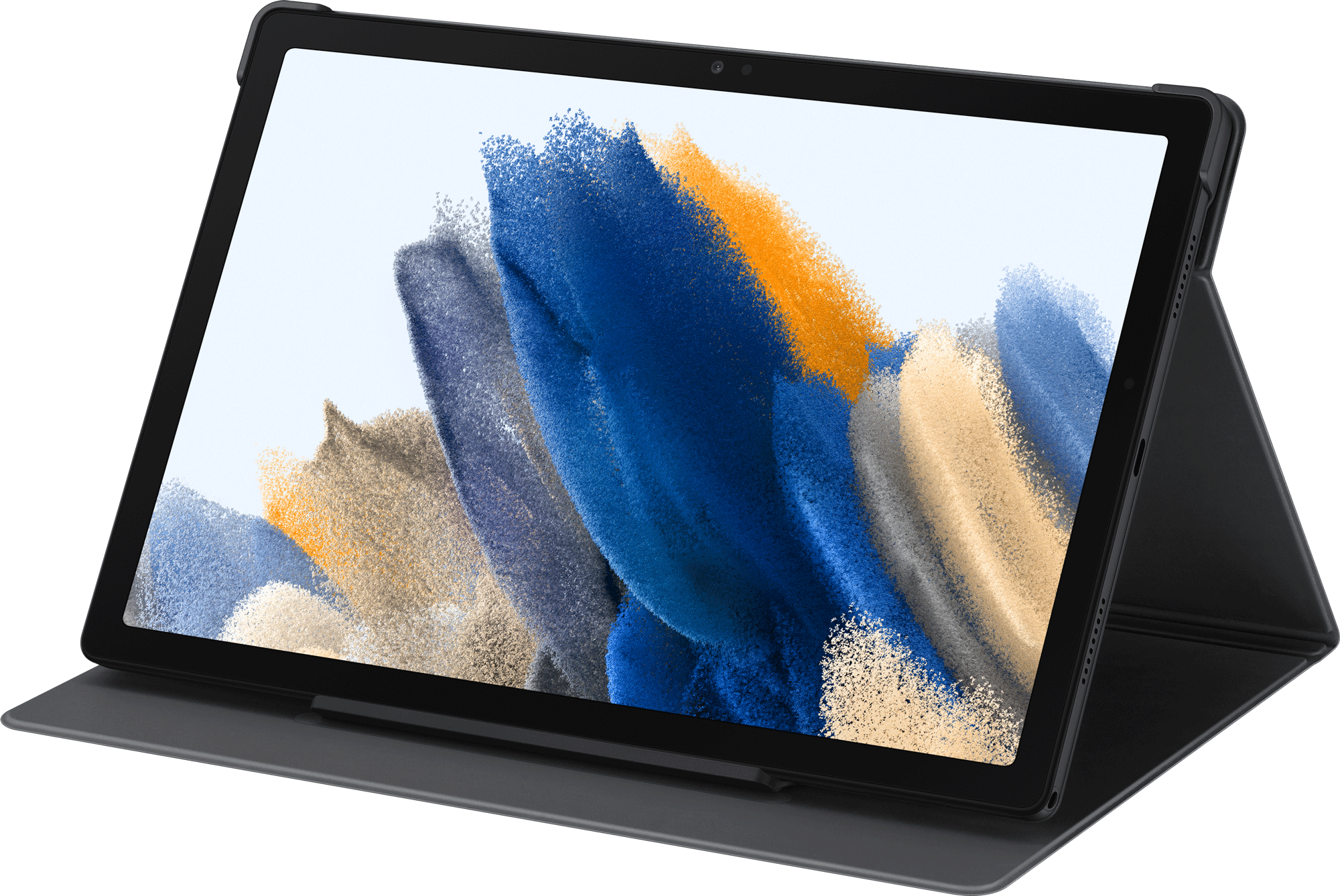 Tablet met zwarte hoes en cover. Het scherm toont een blauw-oranje abstract beeld.