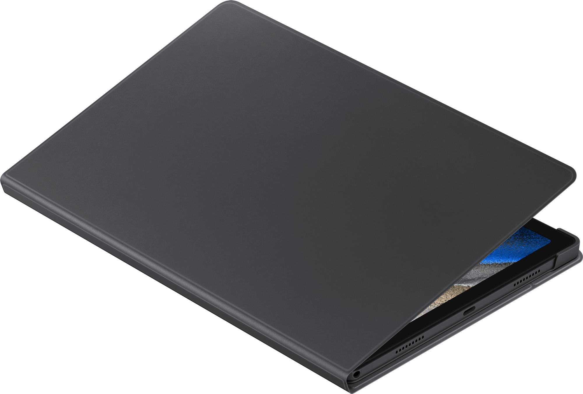 Zwarte tablet met een donkergrijze hoes, gedeeltelijk open, op een zwarte achtergrond.