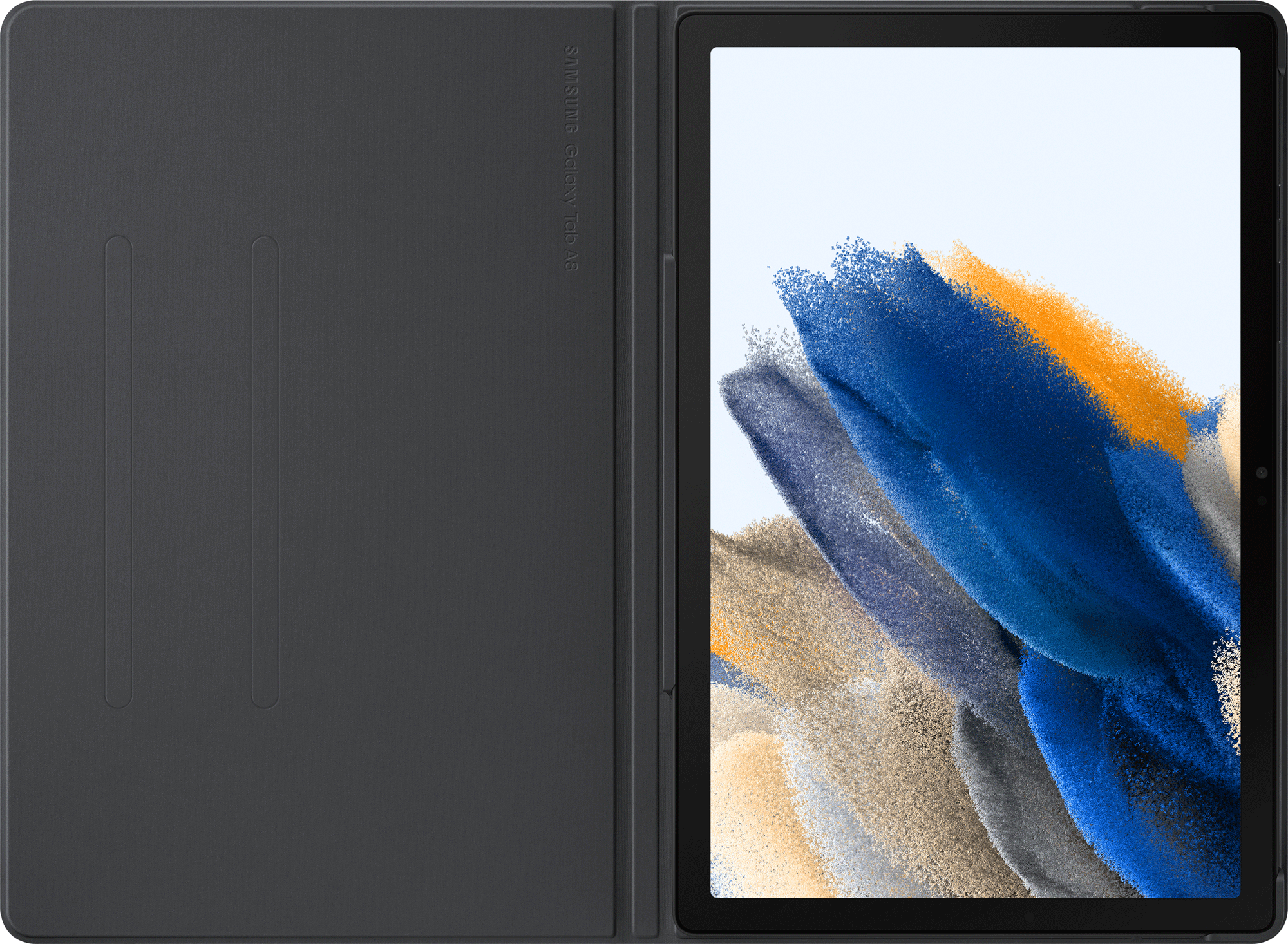 Tablet in een grijze hoes, open. Het scherm toont een abstracte afbeelding.