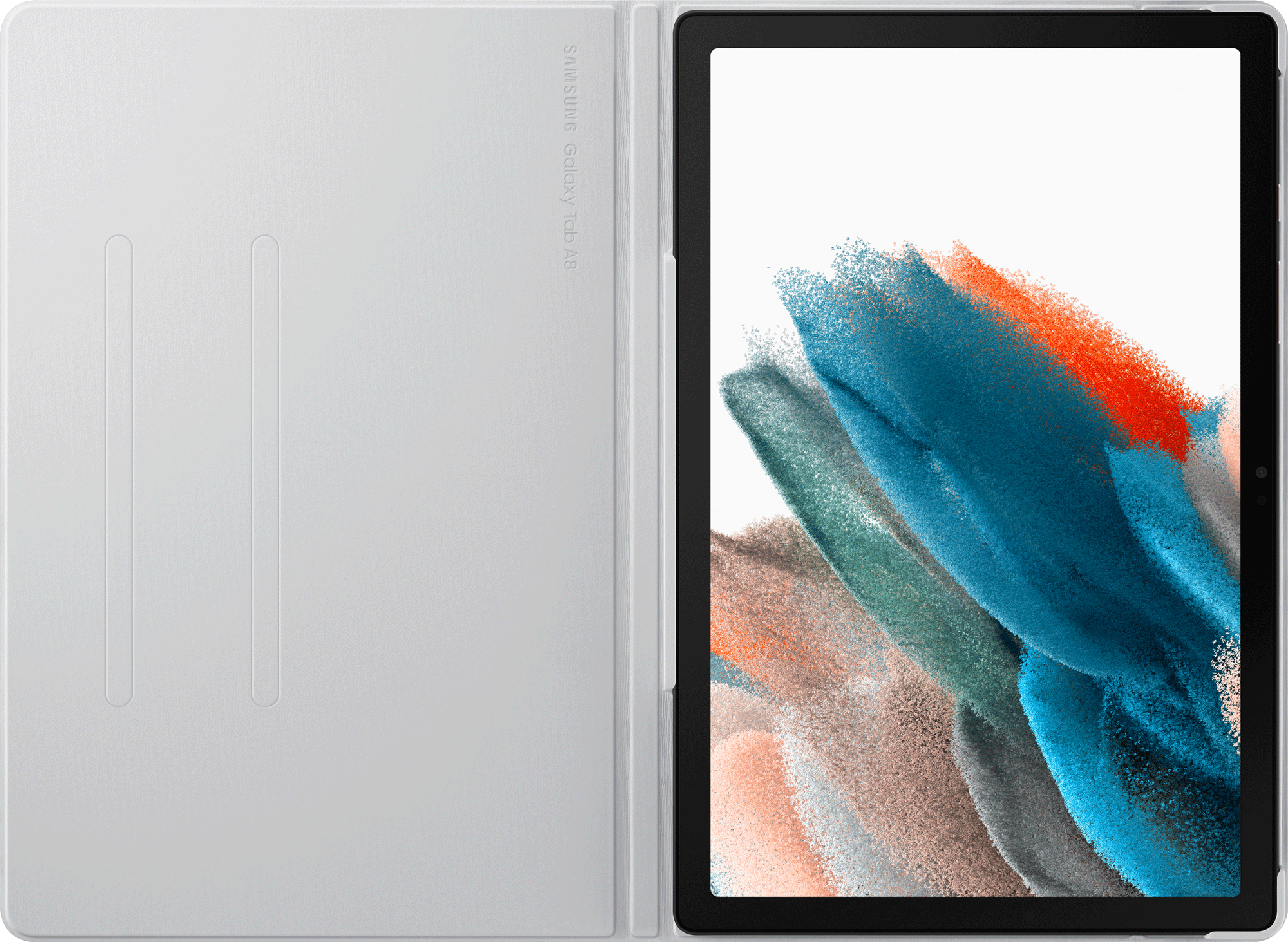 A white Samsung Galaxy Tab A8 tablet in a white case, with a stylus. The tablet is open.