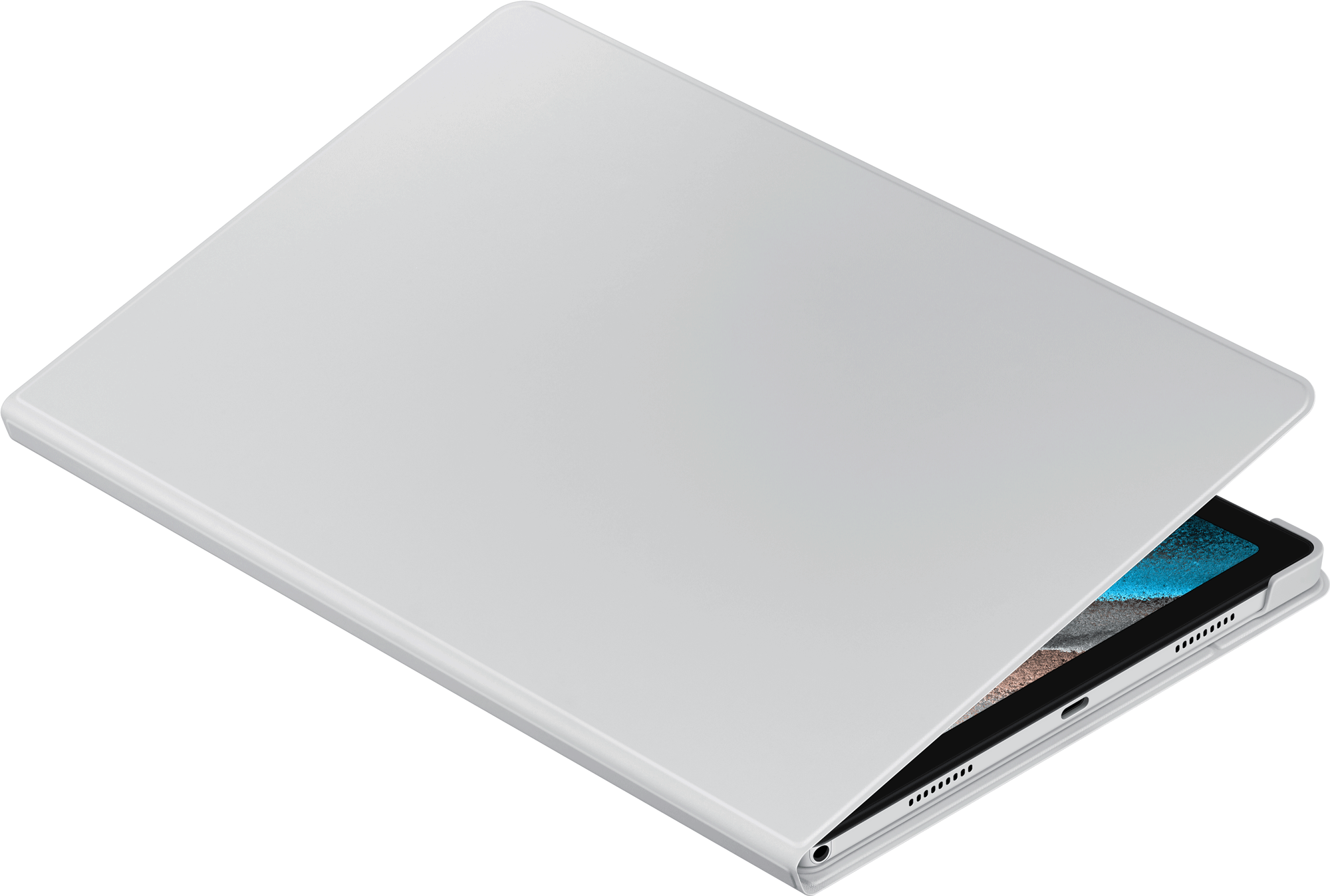 White tablet cover, partially open, revealing a tablet.