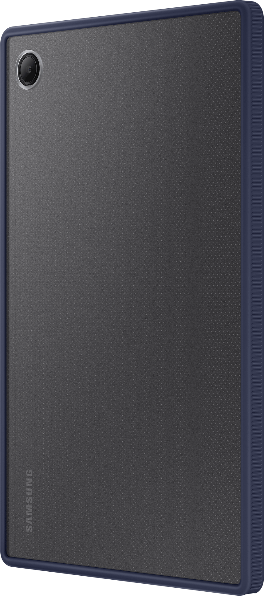 Tablet back: dark grey with a dark blue frame. Camera on the top left corner. Samsung logo.