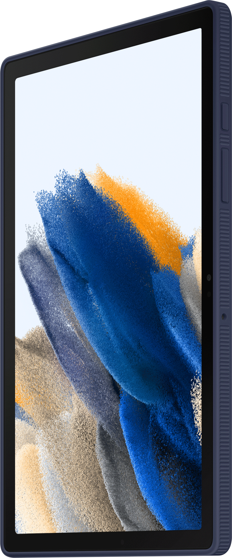 Blue tablet, angled view. Display shows abstract art in blue, orange, and white hues.