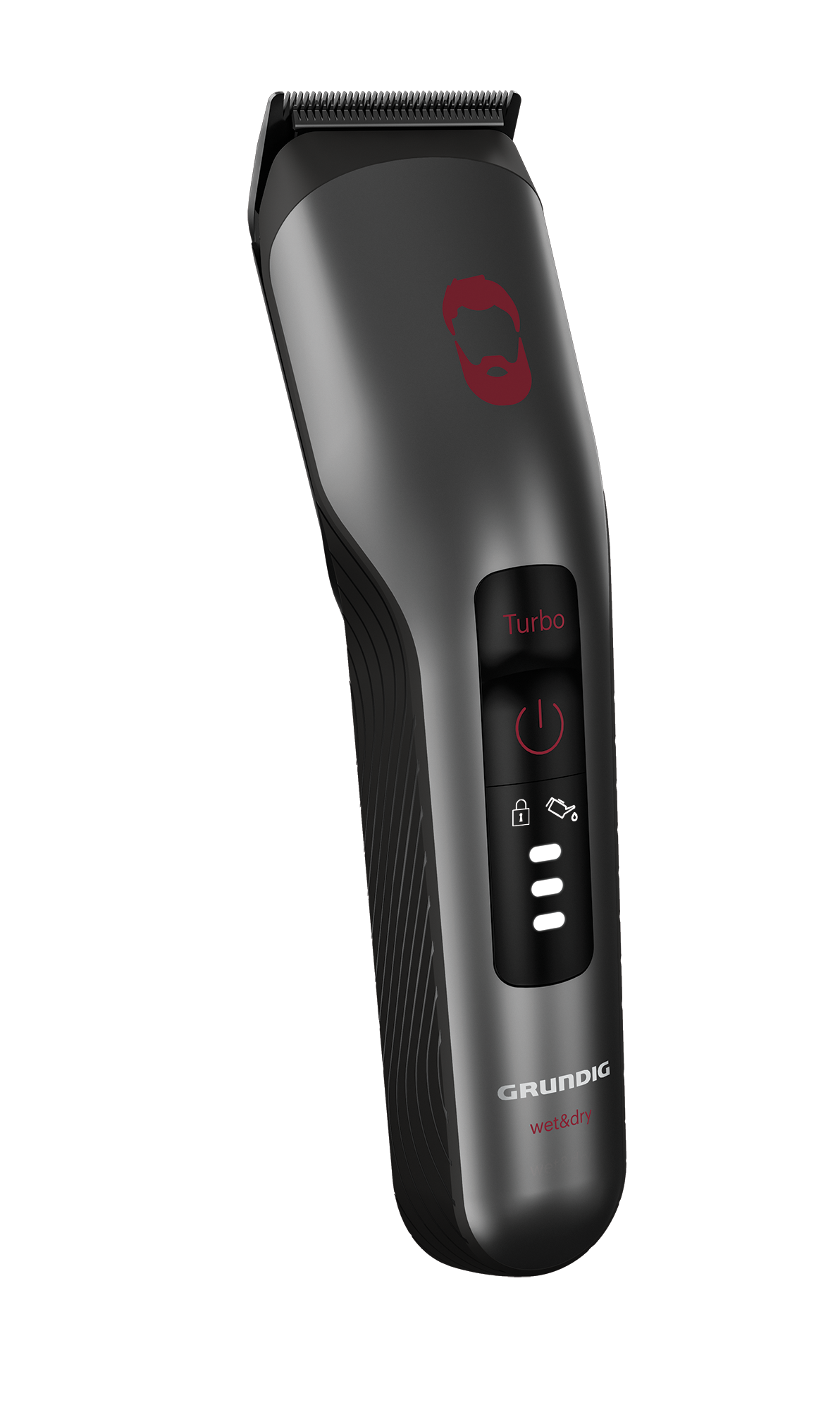 Ein dunkelgrauer Grundig Barttrimmer mit Knöpfen und dem Namen 'Grundig'.