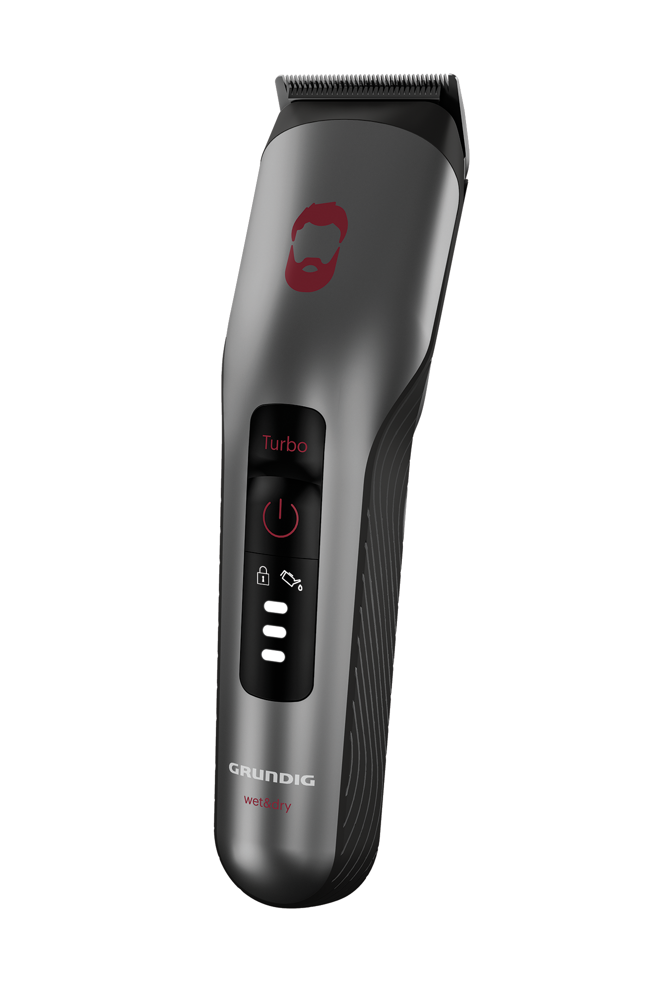 Dunkelgrauer Grundig Bartschneider. Er hat eine rote Turbo-Taste und Kontrollleuchten. Das Bart-Icon ist rot.