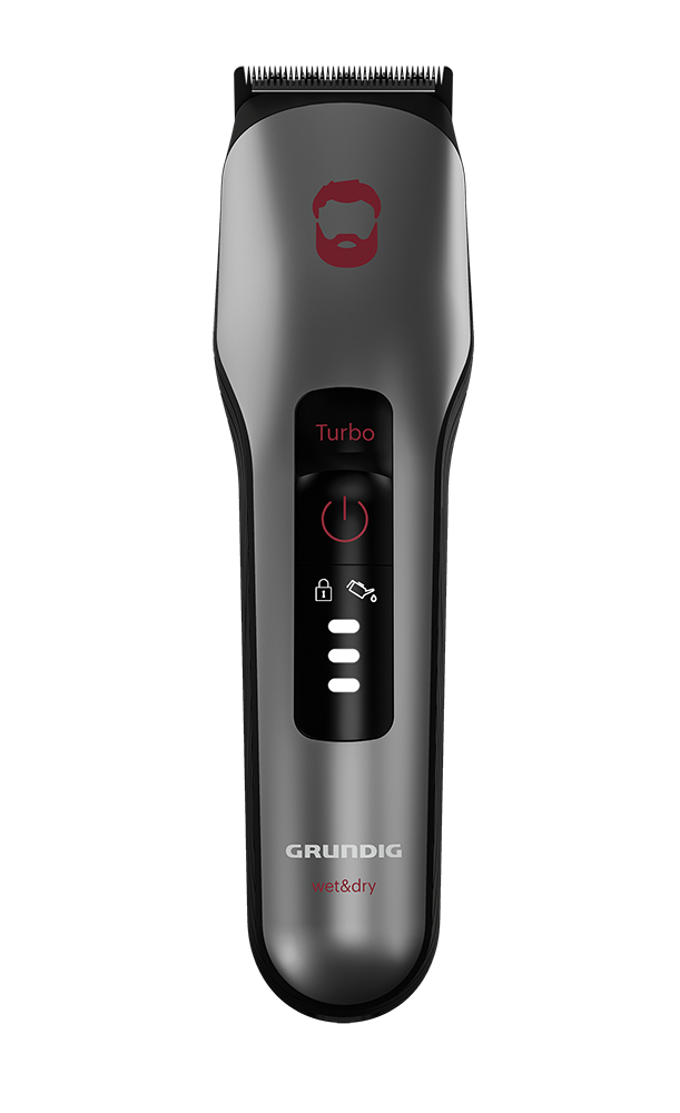 Grundig Wet & Dry Barttrimmer, silber und schwarz, mit Power- und Turbo-Tasten, Bartsymbol.