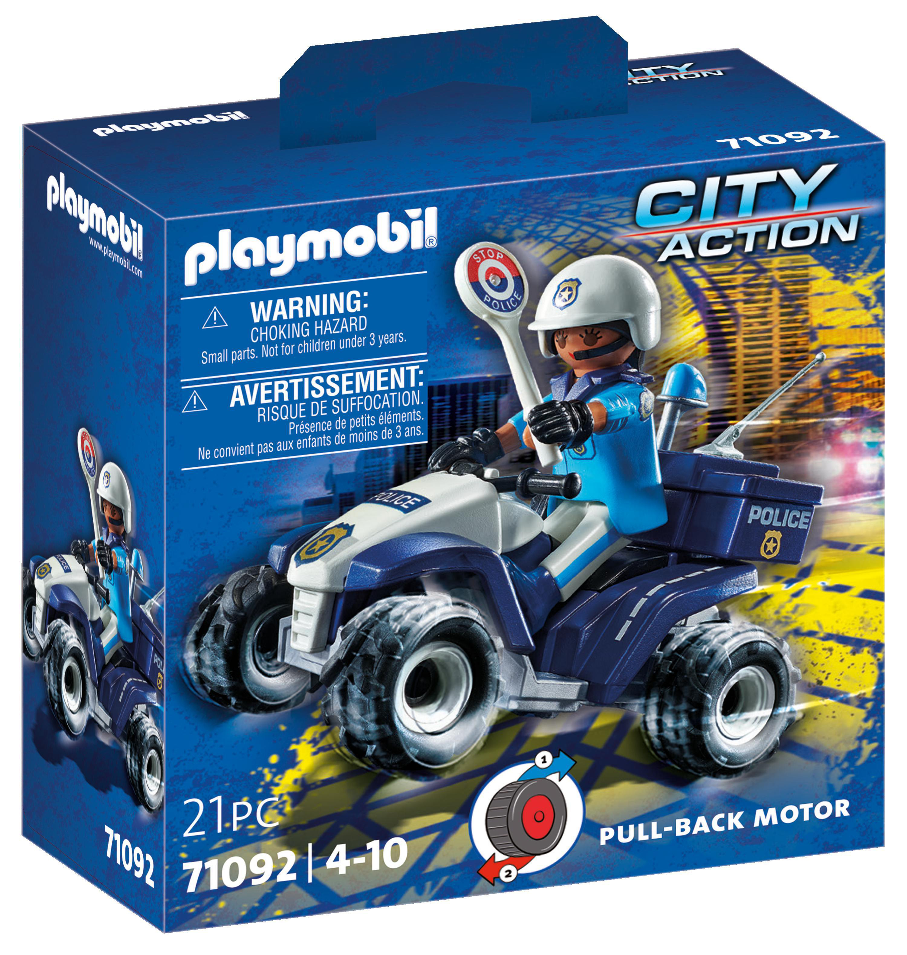 Eine Playmobil City Action-Box zeigt einen Polizisten auf einem blauen ATV. Der Hintergrund zeigt eine Stadtkulisse.