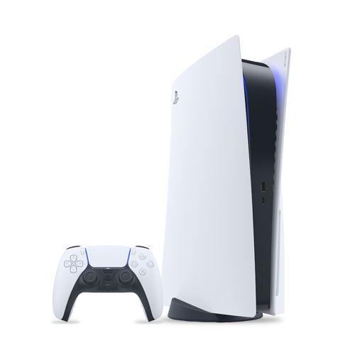 Consola y mando blancos de PlayStation 5 sobre fondo blanco, aislados.