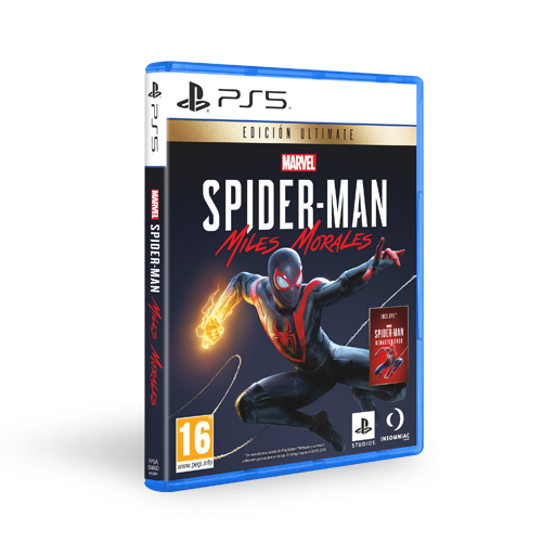 Una caja de juego PS5 para Marvel Spider-Man: Miles Morales. La portada muestra el personaje.