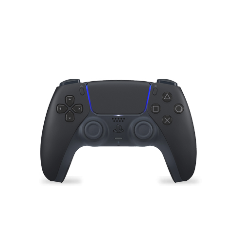Un mando de PS5 negro con una luz azul en la parte superior. Está sobre un fondo blanco.