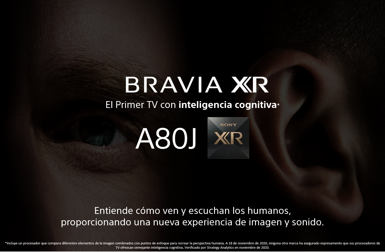 Anuncio de TV Sony Bravia XR. Incluye imagen de ojo, texto y logotipo de Sony. Fondo oscuro.