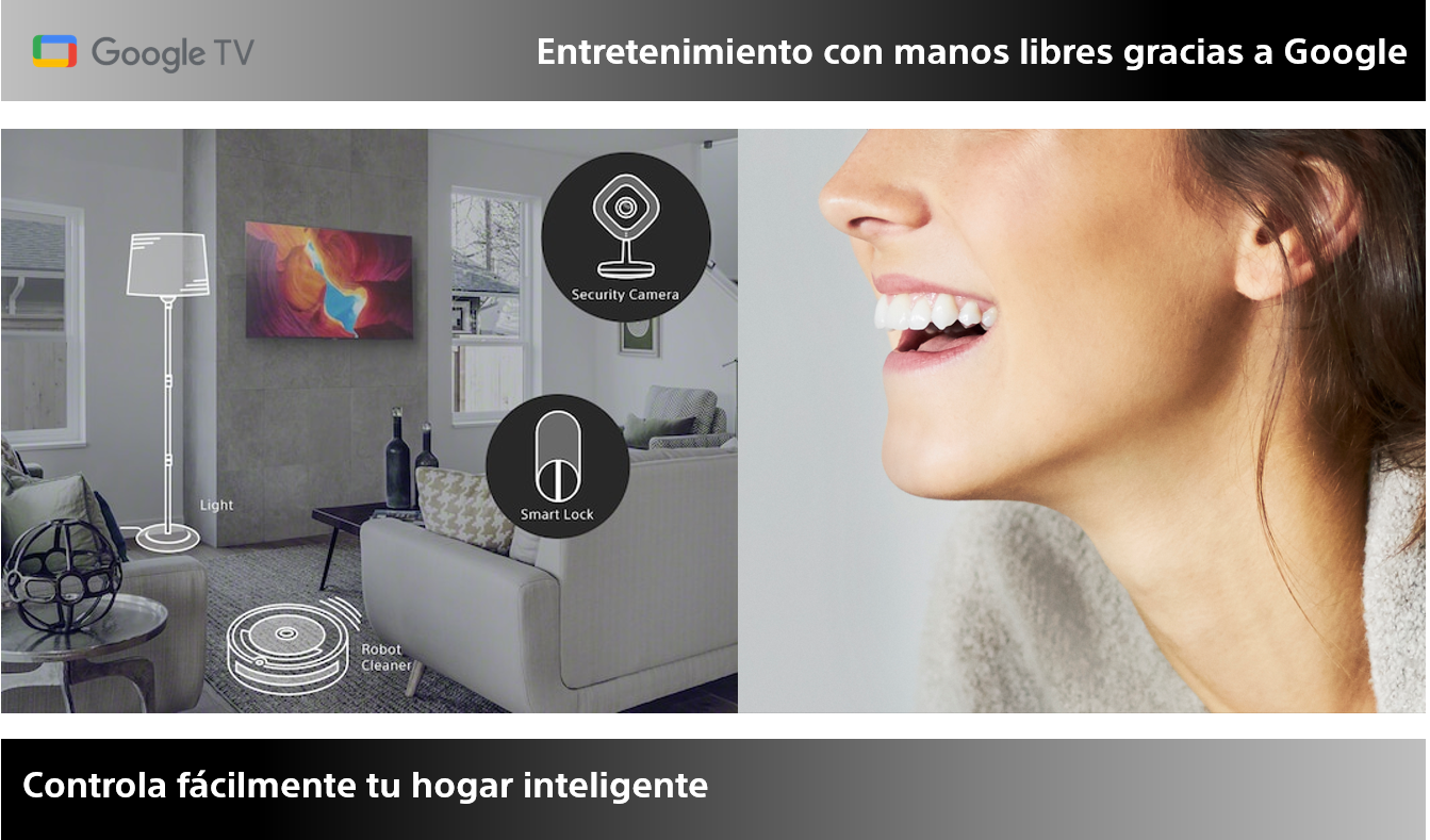 Una imagen dividida que muestra una configuración de hogar inteligente y una persona sonriendo. Texto: Controla fácilmente tu hogar inteligente.