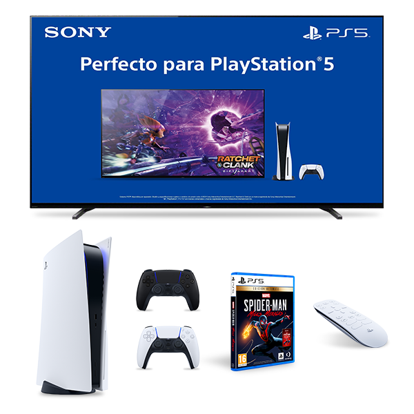 Una configuración de PlayStation 5 con TV, consola, mandos y un juego.
