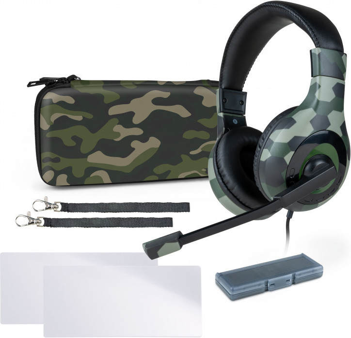 Álcázott gamer headset tokkal és kiegészítőkkel. Mikrofont, kábeleket és kártyákat tartalmaz.