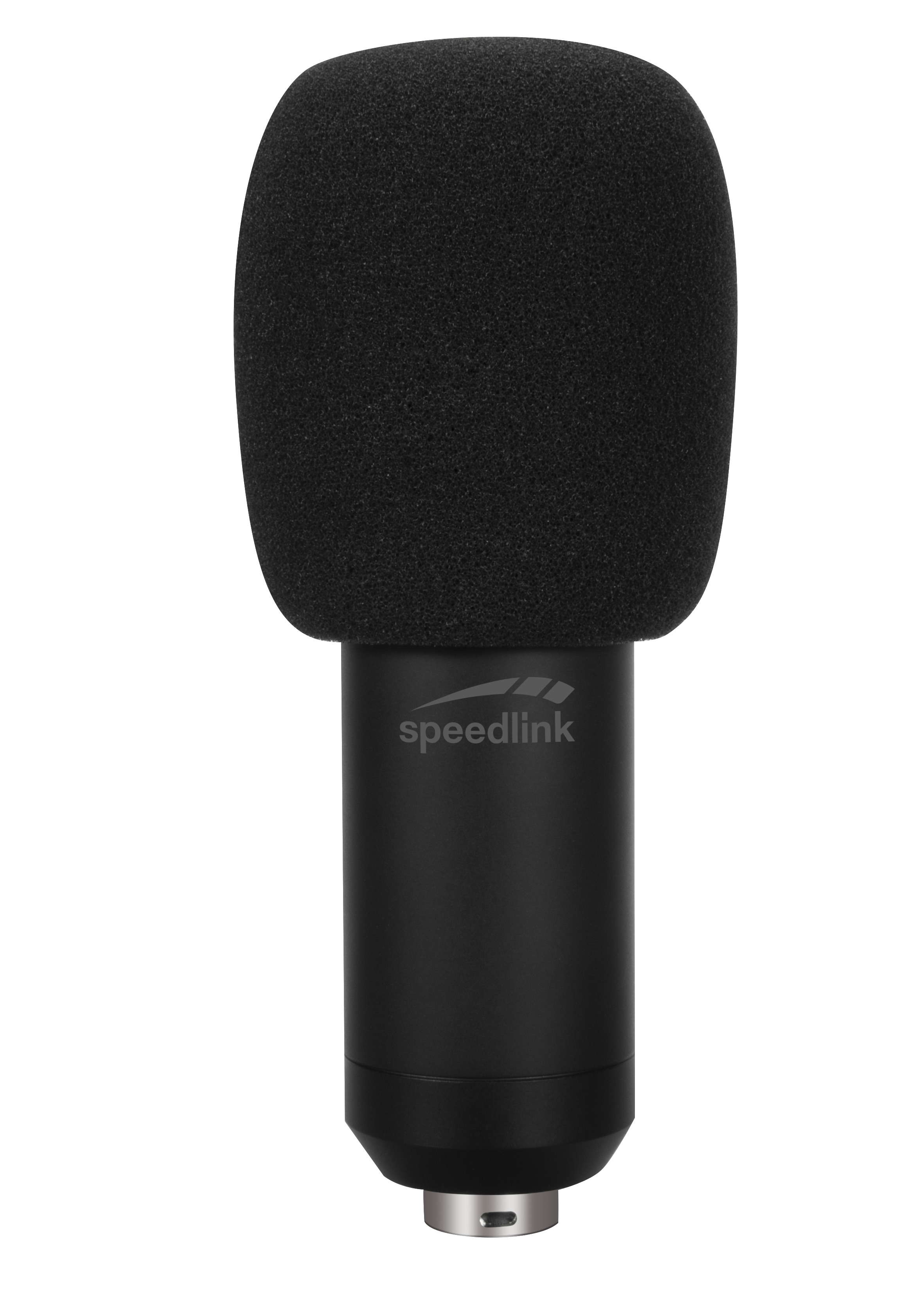 Schwarzes Mikrofon mit Schaumstoffhülle, das Speedlink-Logo ist sichtbar. Isoliert auf weißem Hintergrund.
