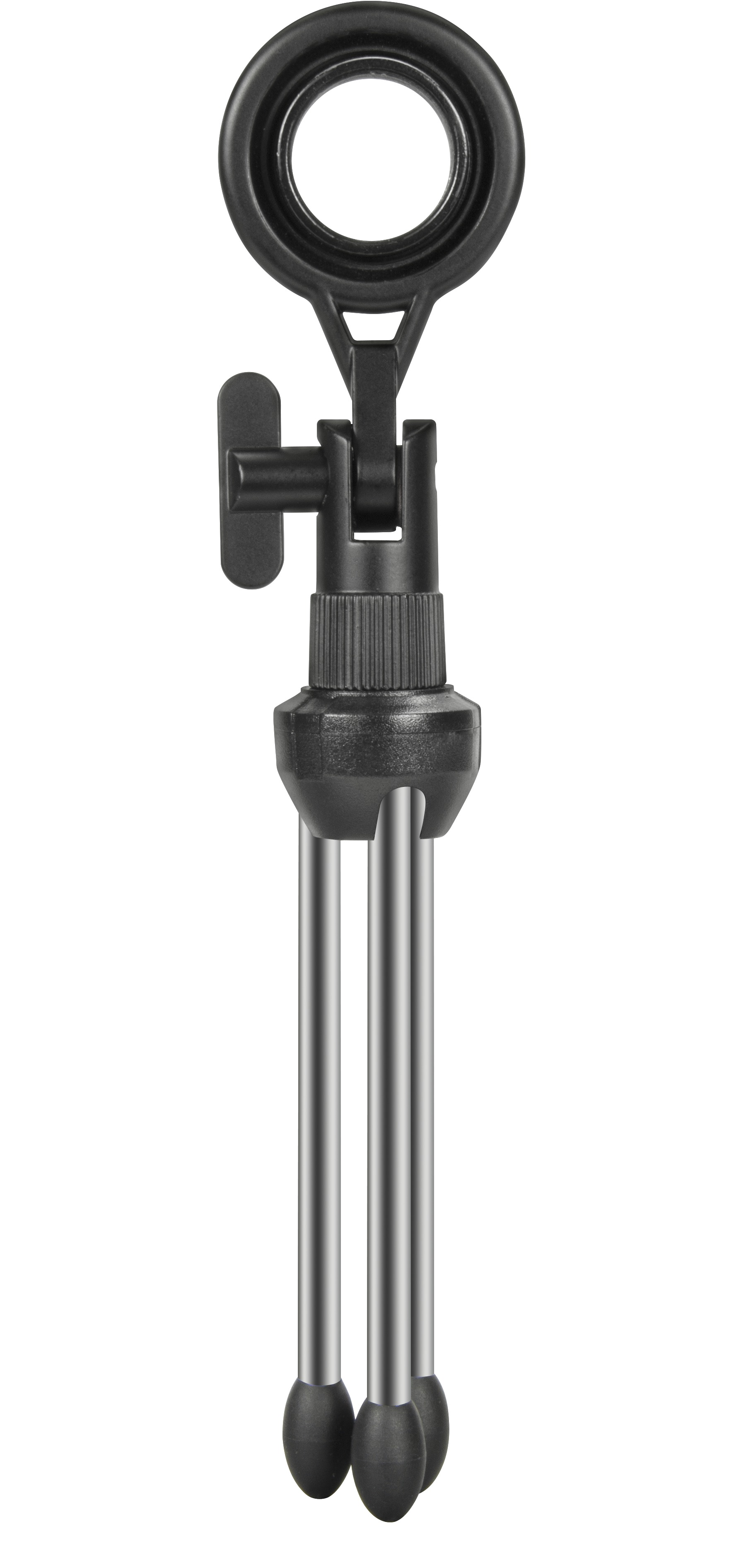 Ein schwarzes Stativ-Mikrofonstativ. Es hat drei Beine und einen Ring oben, um das Mikrofon zu halten.