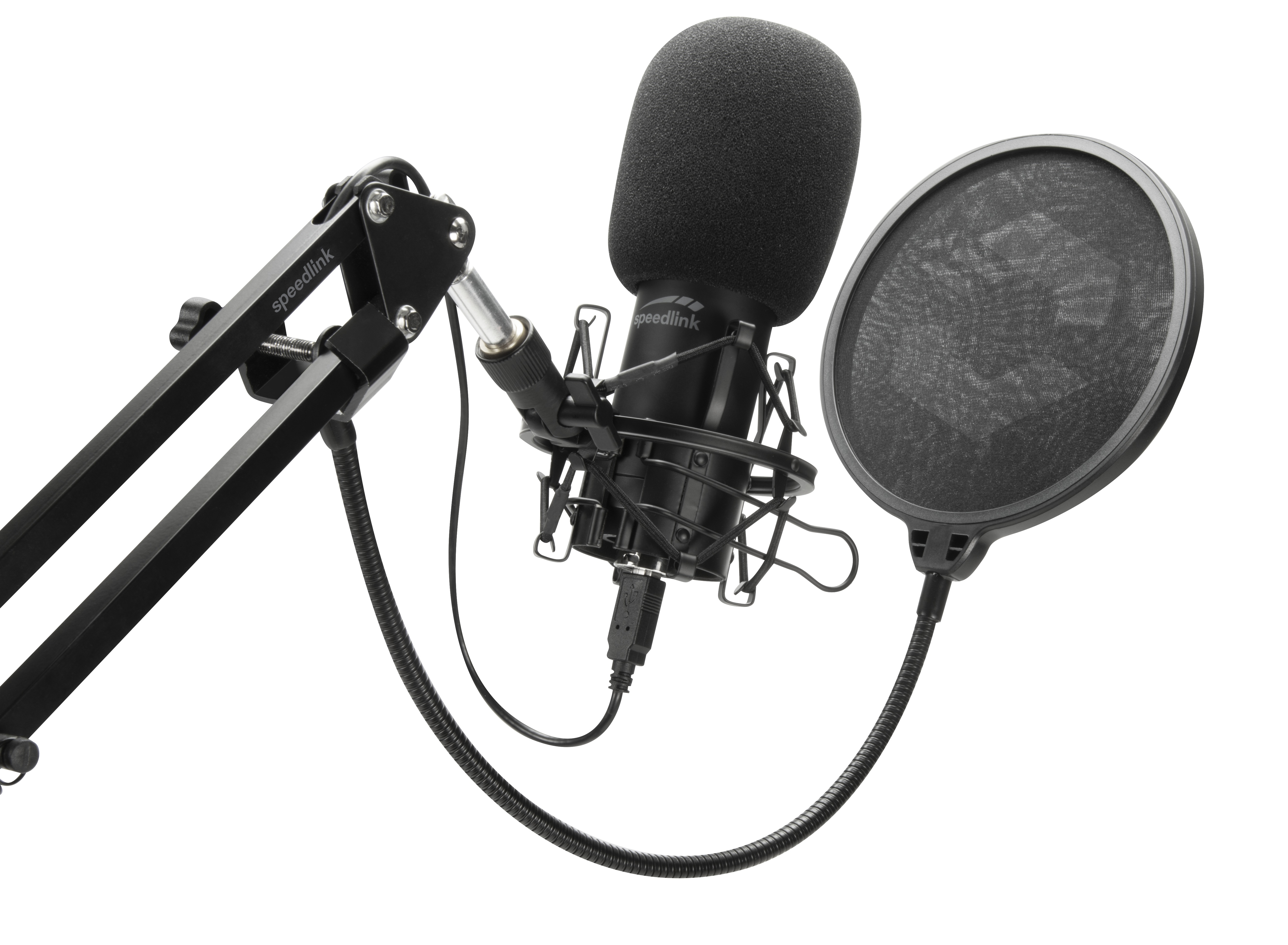 Ein schwarzes Mikrofon mit Pop-Filter auf einem Ständer. Es ist auf weißem Hintergrund isoliert.