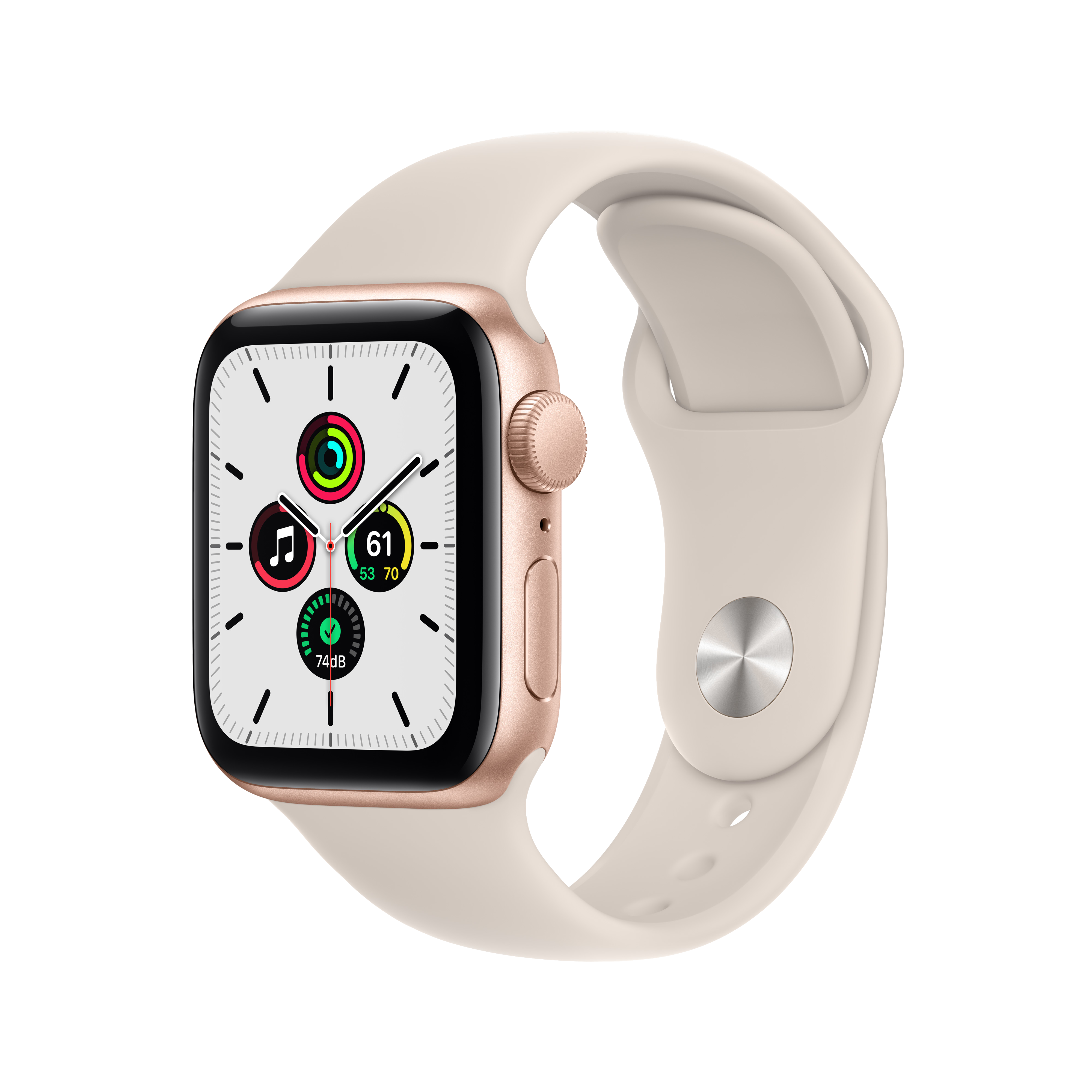 Krem kayışlı altın renkli Apple Watch Series SE.