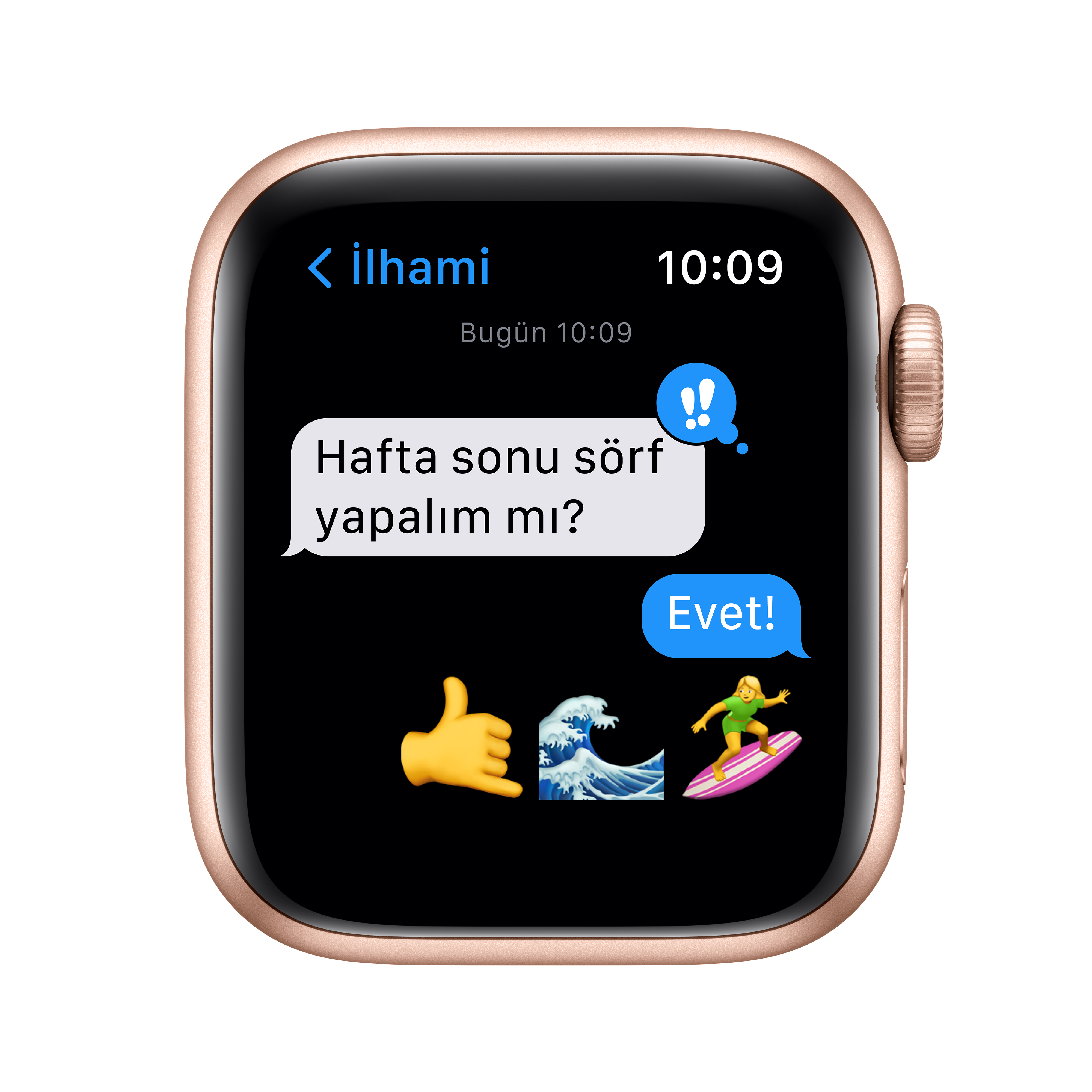 Türkçe mesajlı, emojili altın Apple Watch, beyaz zemin.