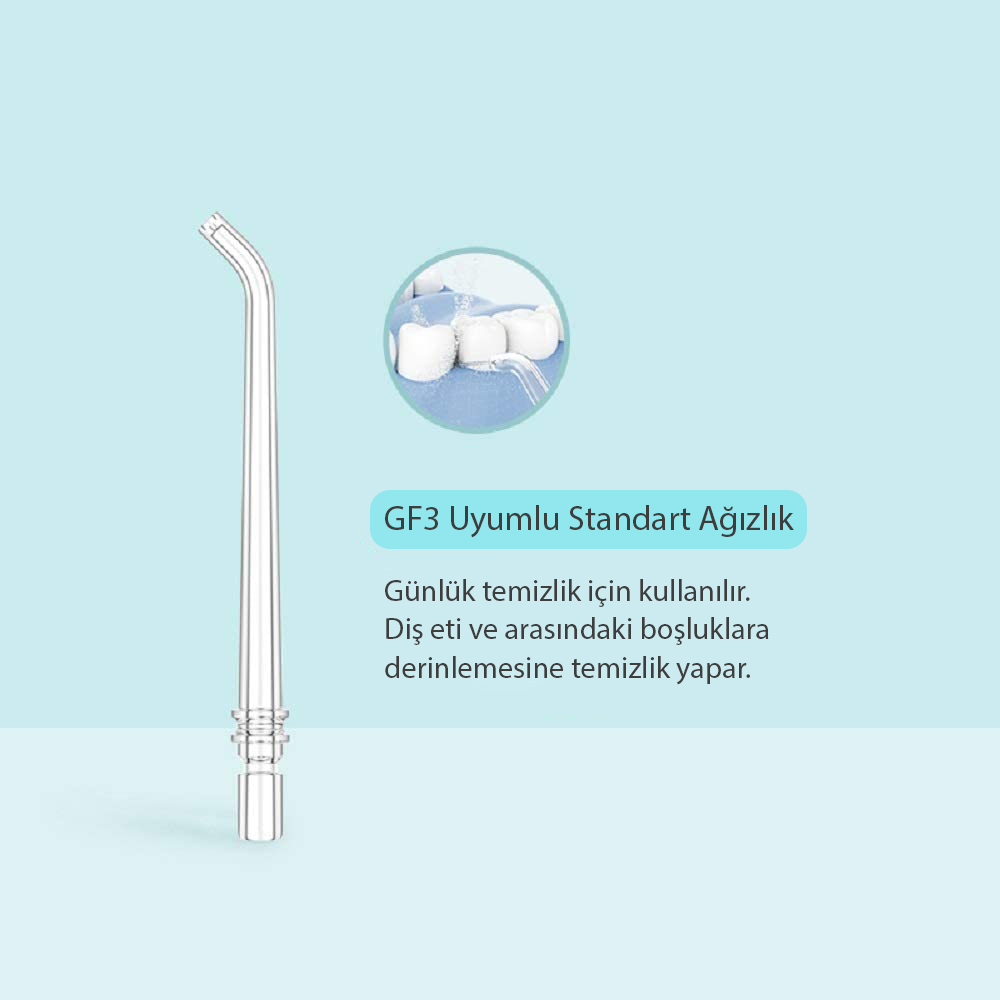 Beyaz bir diş fırçası başlığı, açık mavi arka planda.