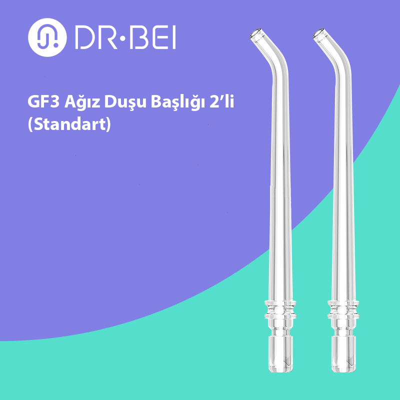 Metin ve mor bir arka plan ile iki şeffaf su diş ipi başlığı.