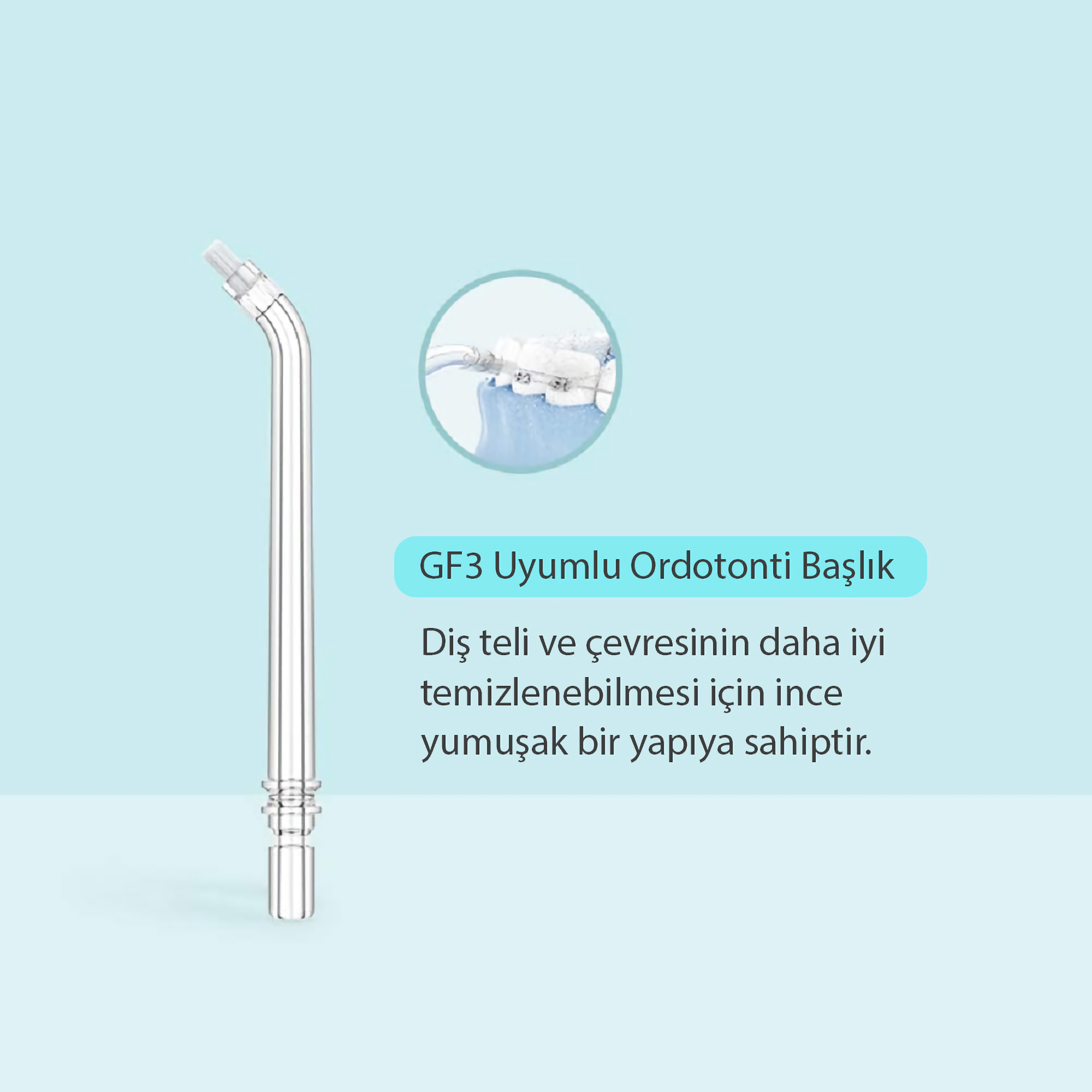 Diş temizliği için ortodontik başlık, Türkçe metin ile.