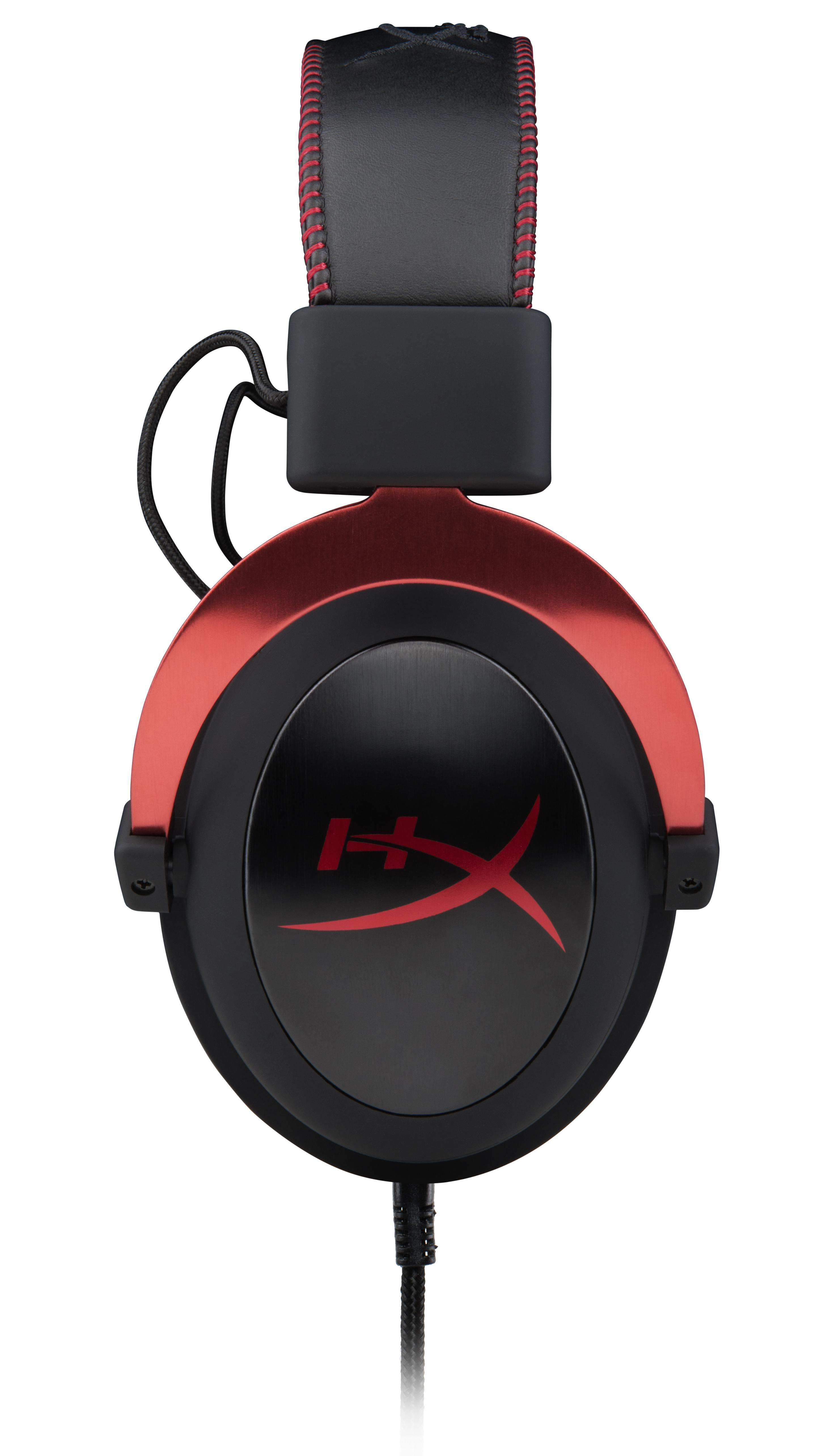 Rote und schwarze Gaming-Kopfhörer mit dem HyperX-Logo.