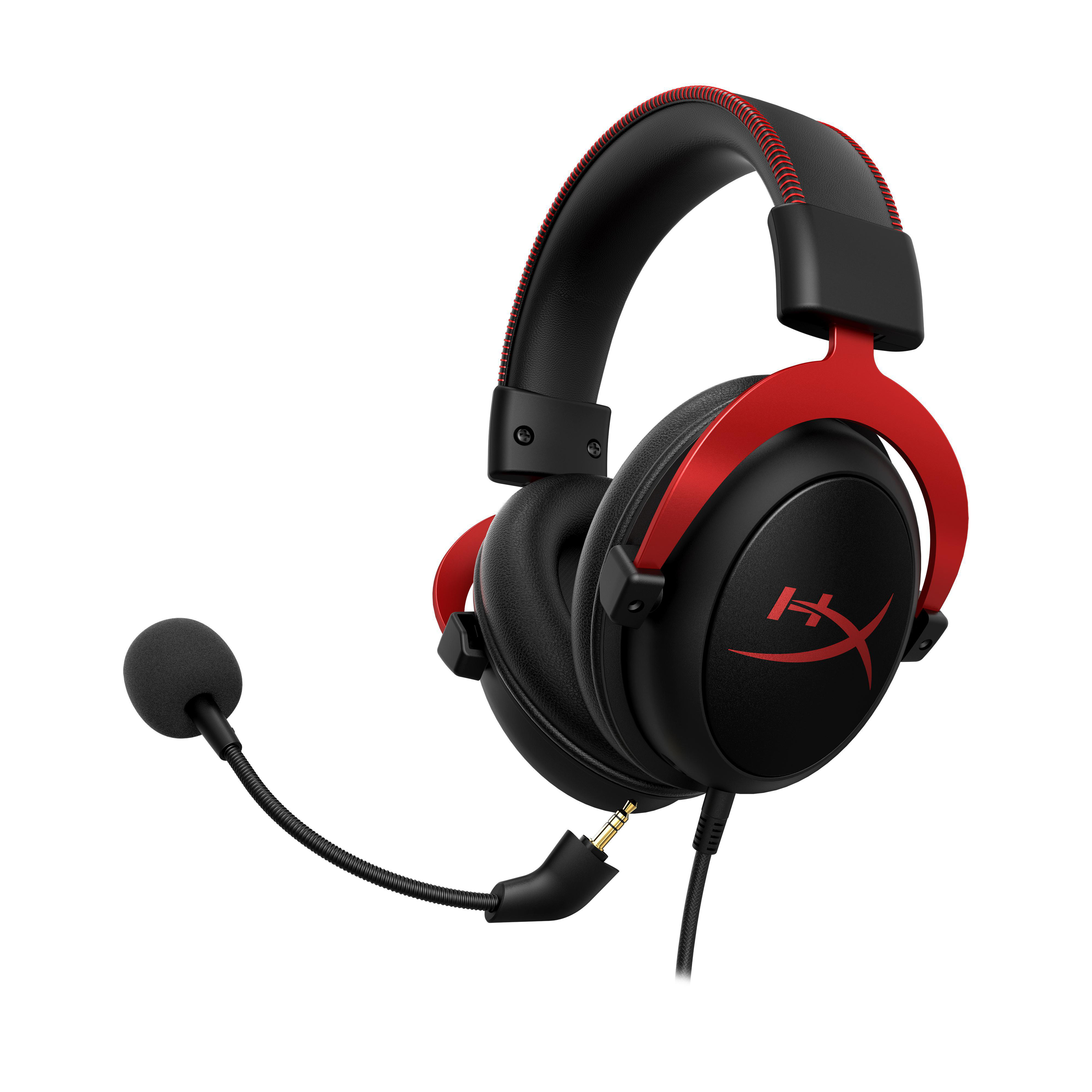 Schwarze und rote HyperX Gaming-Kopfhörer mit Mikrofon. Das Logo befindet sich auf den Ohrmuscheln. Ein Klinkenstecker verbindet sich.