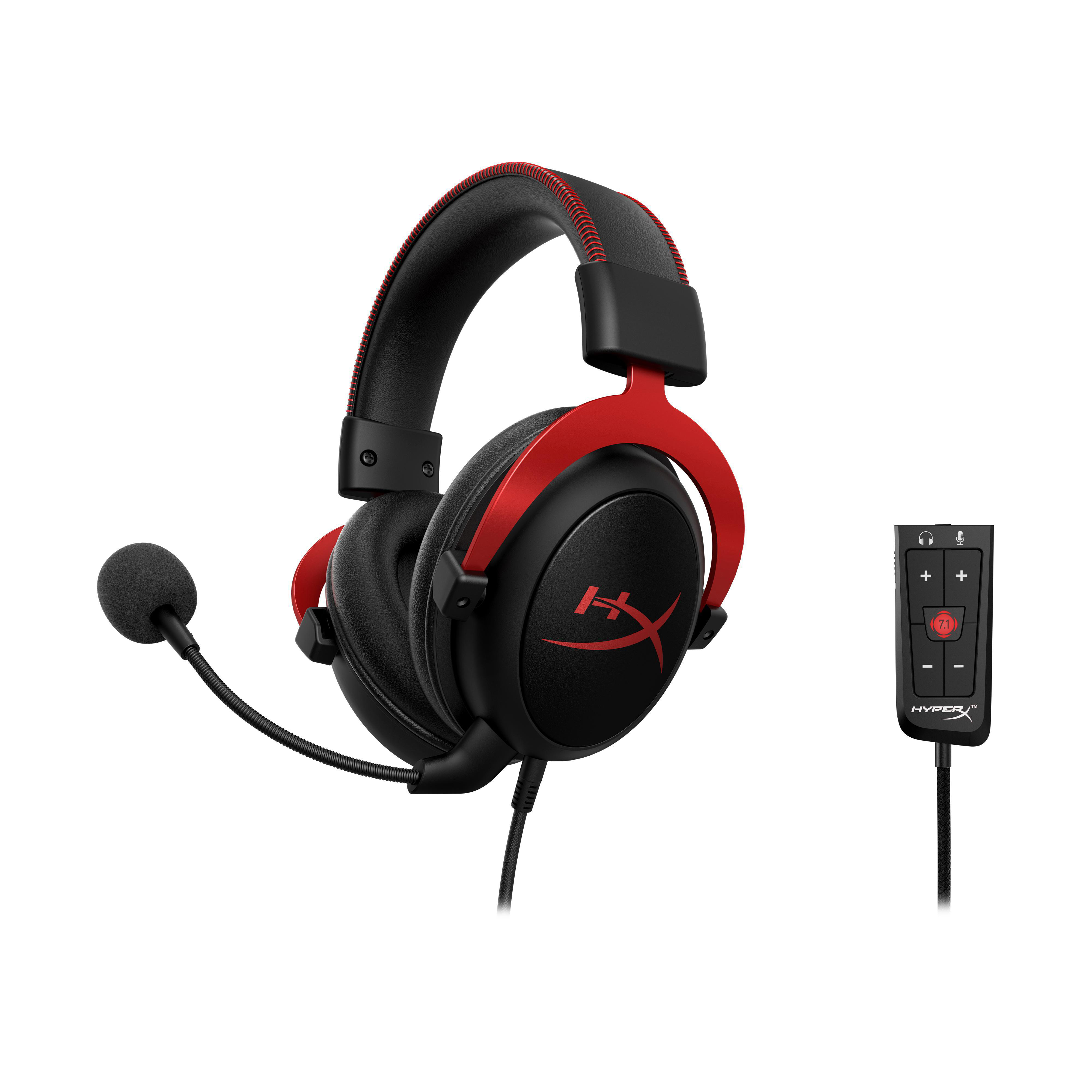 Schwarzes und rotes HyperX Gaming-Headset mit Mikrofon und Steuermodul.