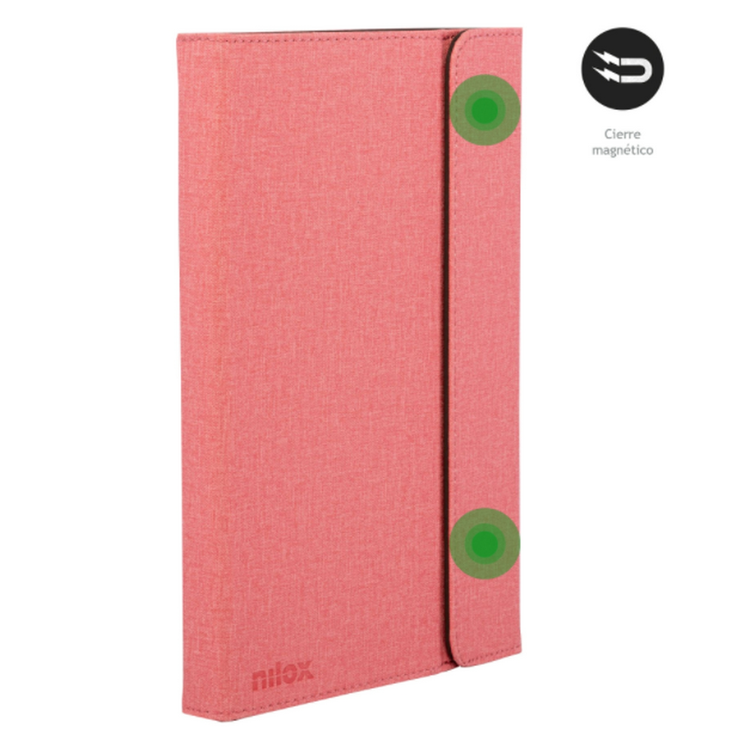 Funda rosa para tableta, cerrada con cierre magnético. Puntos verdes indican los puntos de cierre magnético.