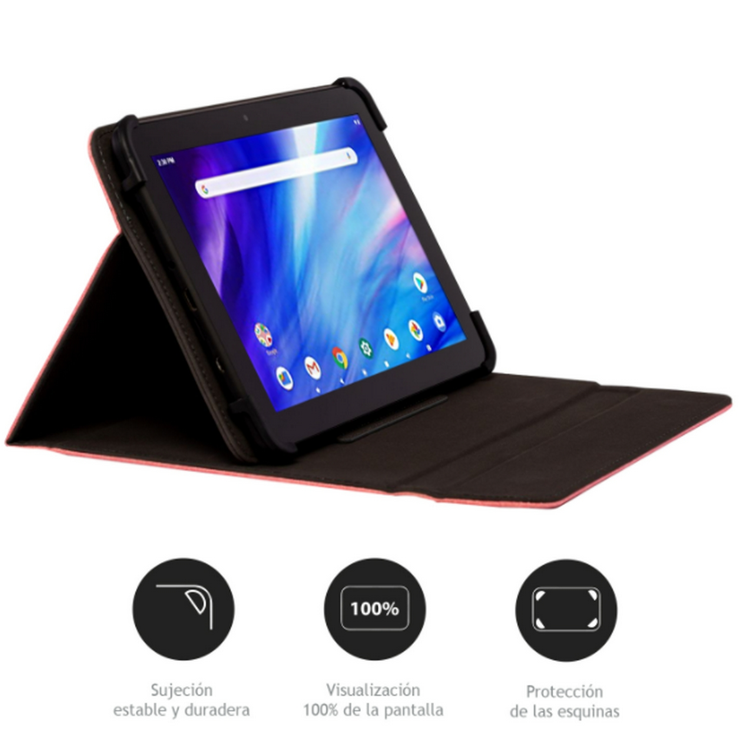 Tableta negra en una funda con la pantalla encendida. Tres iconos en la parte inferior son visibles.