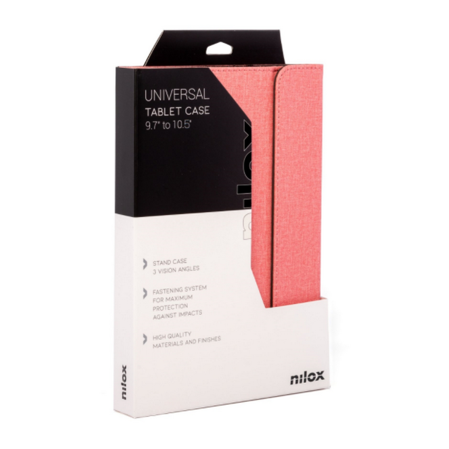 Funda para tableta rosa en una caja, con detalles del producto en la parte delantera.