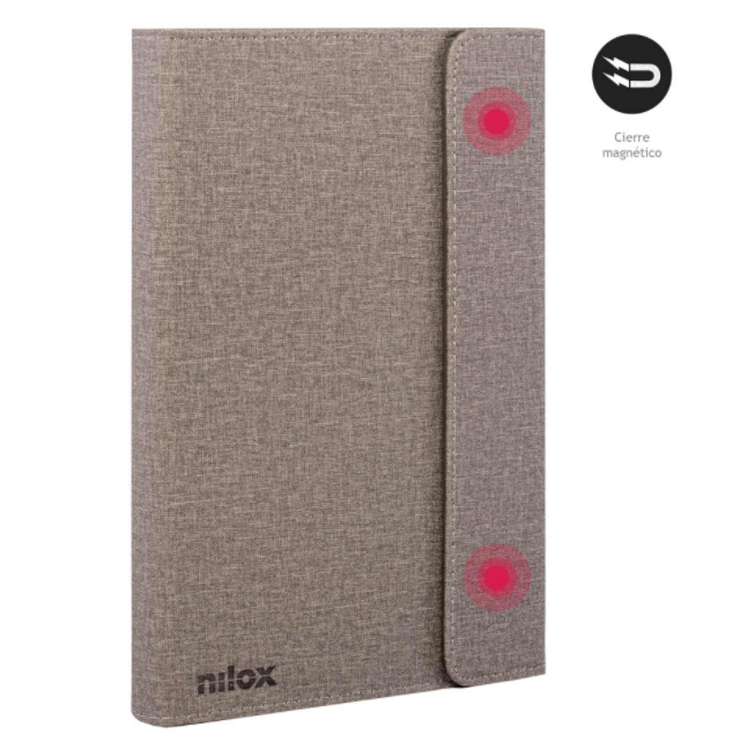 Una funda para tablet Nilox gris claro. Tiene un cierre magnético con puntos rojos.