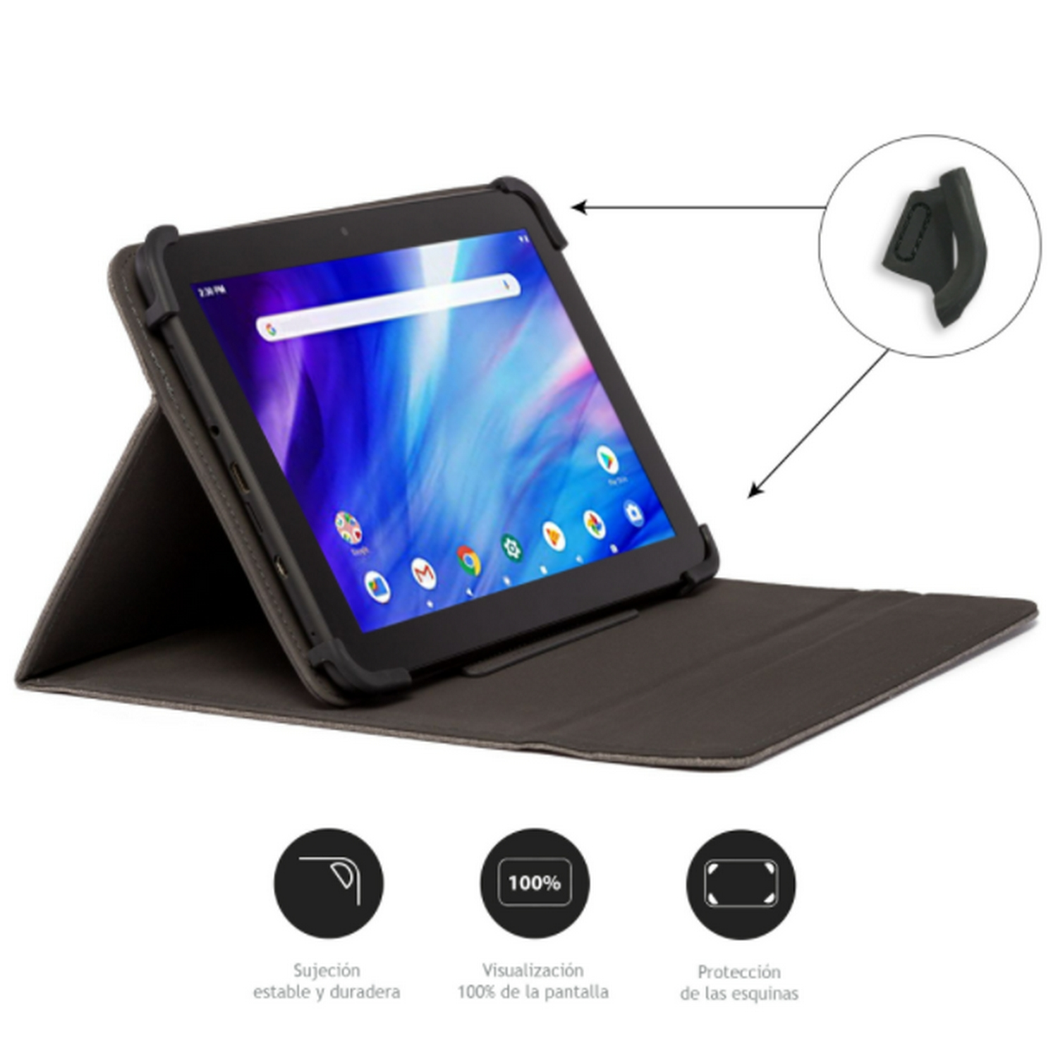Tableta con funda. Muestra una pantalla con iconos. La tableta está en una funda.