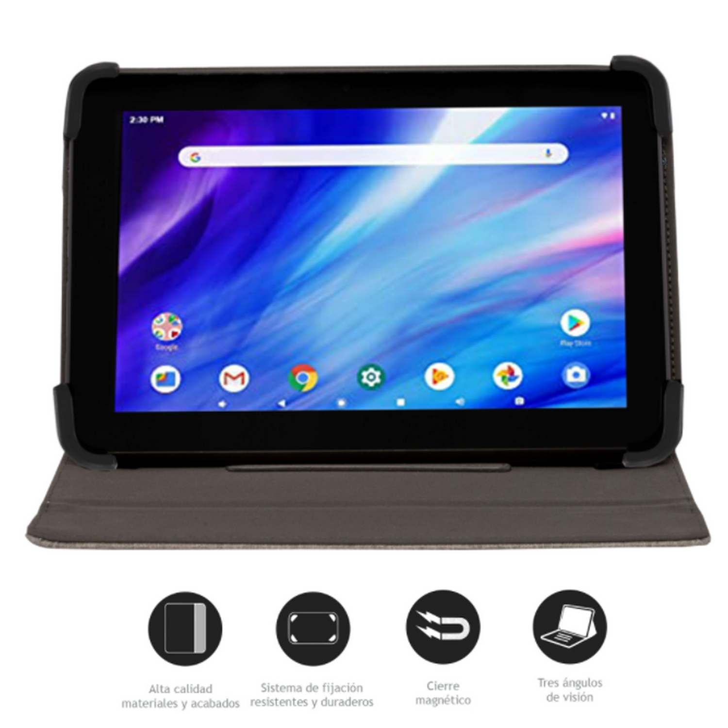 Tableta negra en una funda, mostrando interfaz, con iconos en la parte inferior.