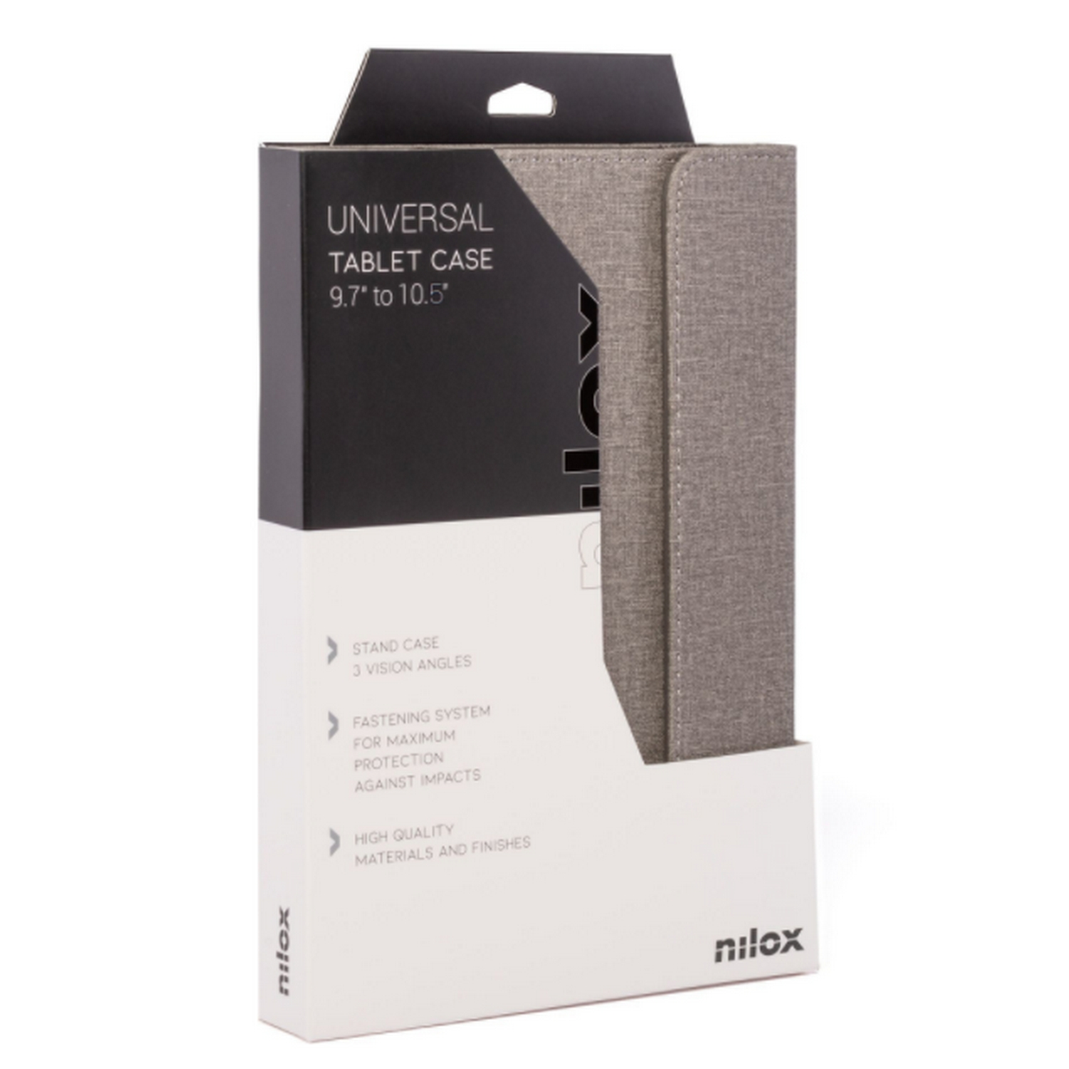 Funda para tableta en una caja. La caja tiene texto: Funda Universal para Tableta, 9.7" a 10.5".