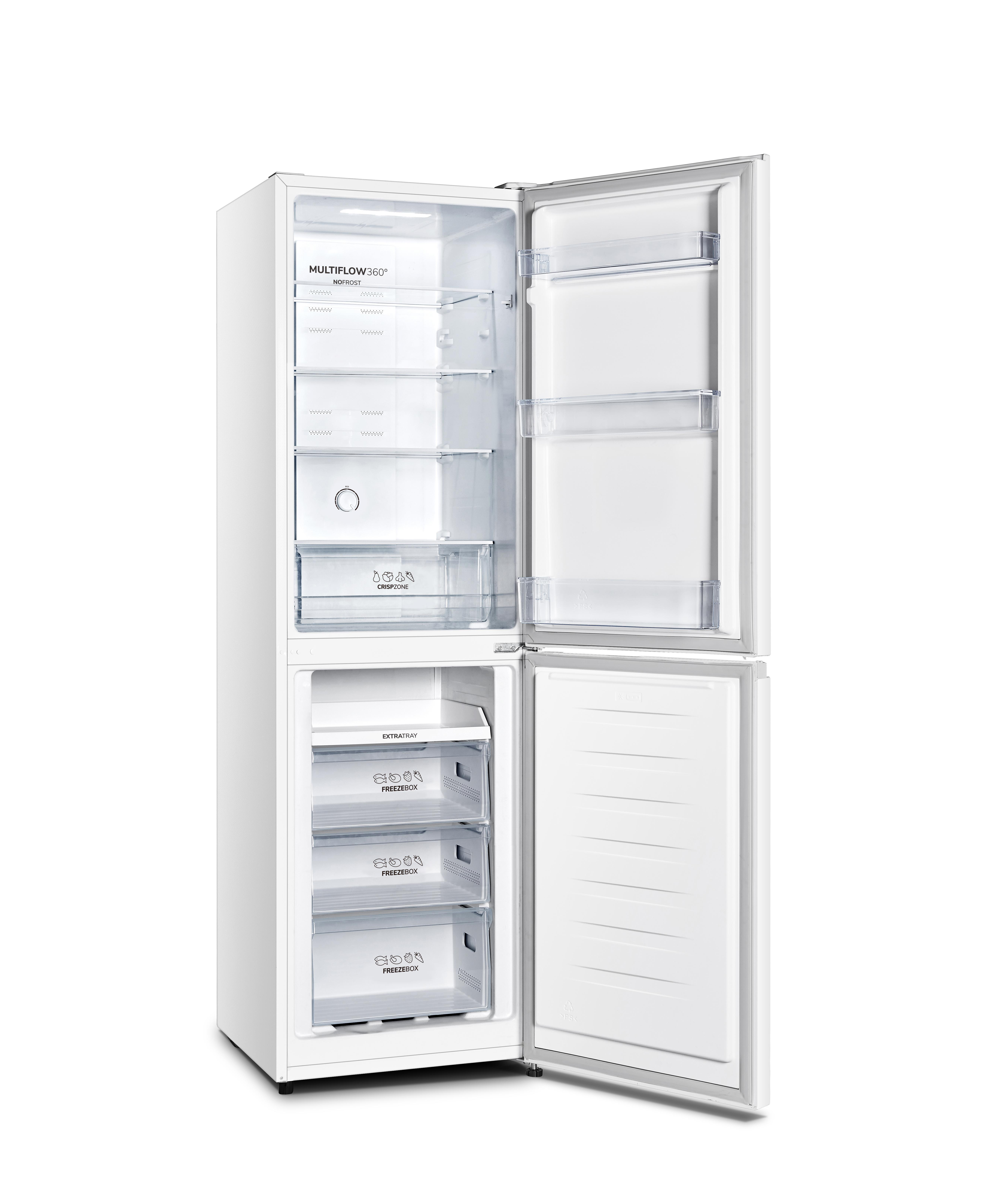 Weißer Kühlschrank, offene Türen. Innenregale und Schubladen sichtbar.