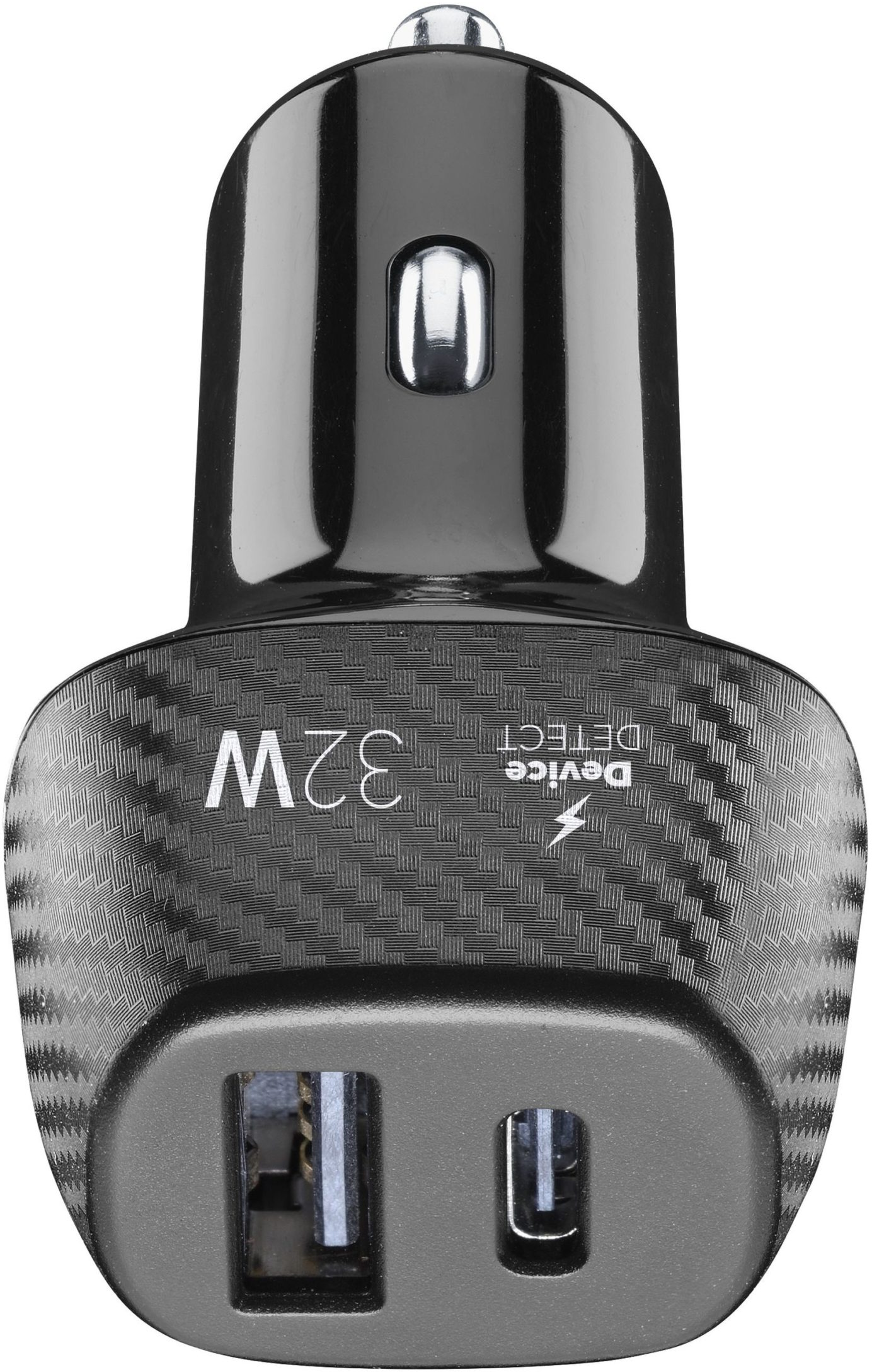 Schwarzes Autoladegerät mit zwei USB-Anschlüssen und 32W.