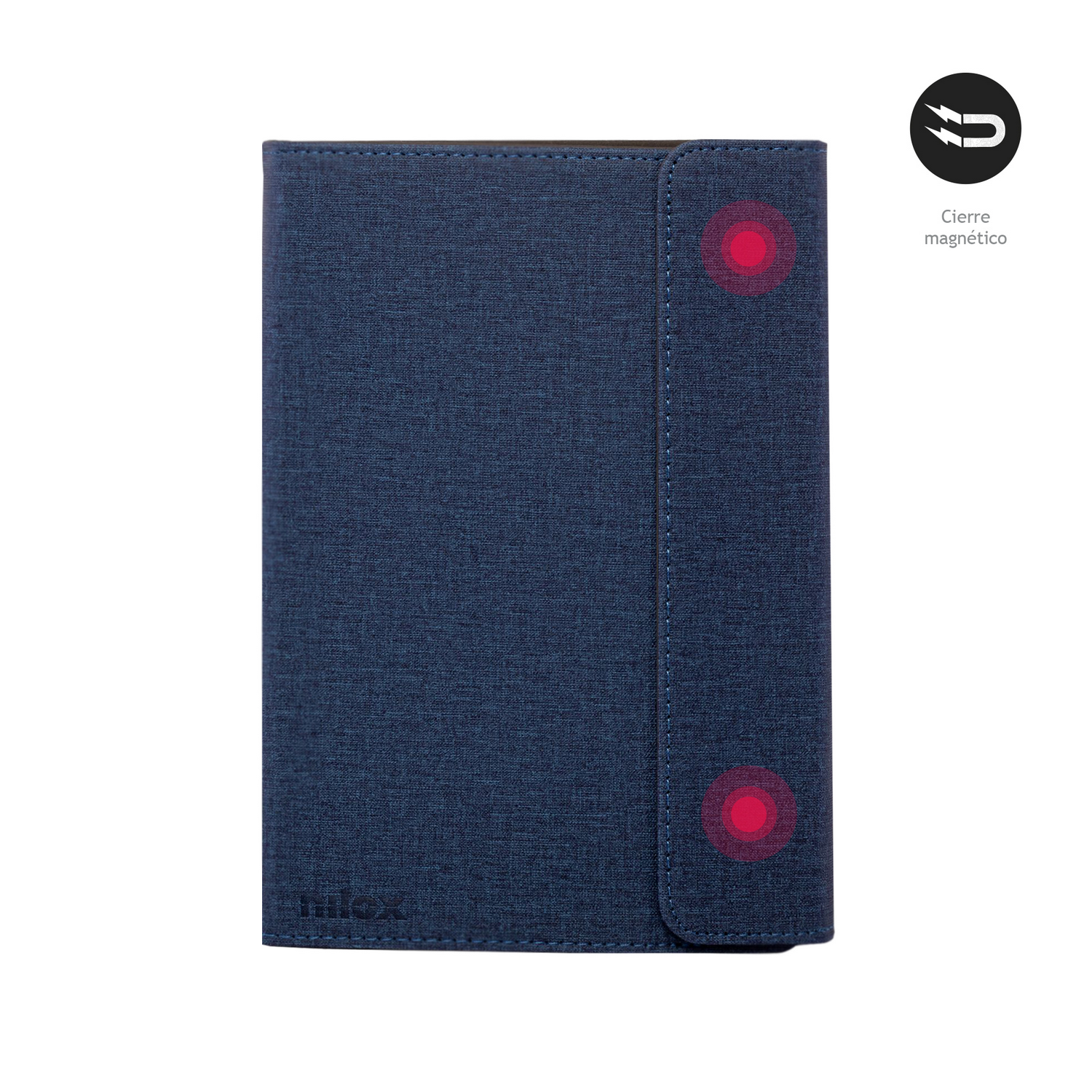 Una funda folio azul con cierre magnético. Un primer plano con fondo blanco.