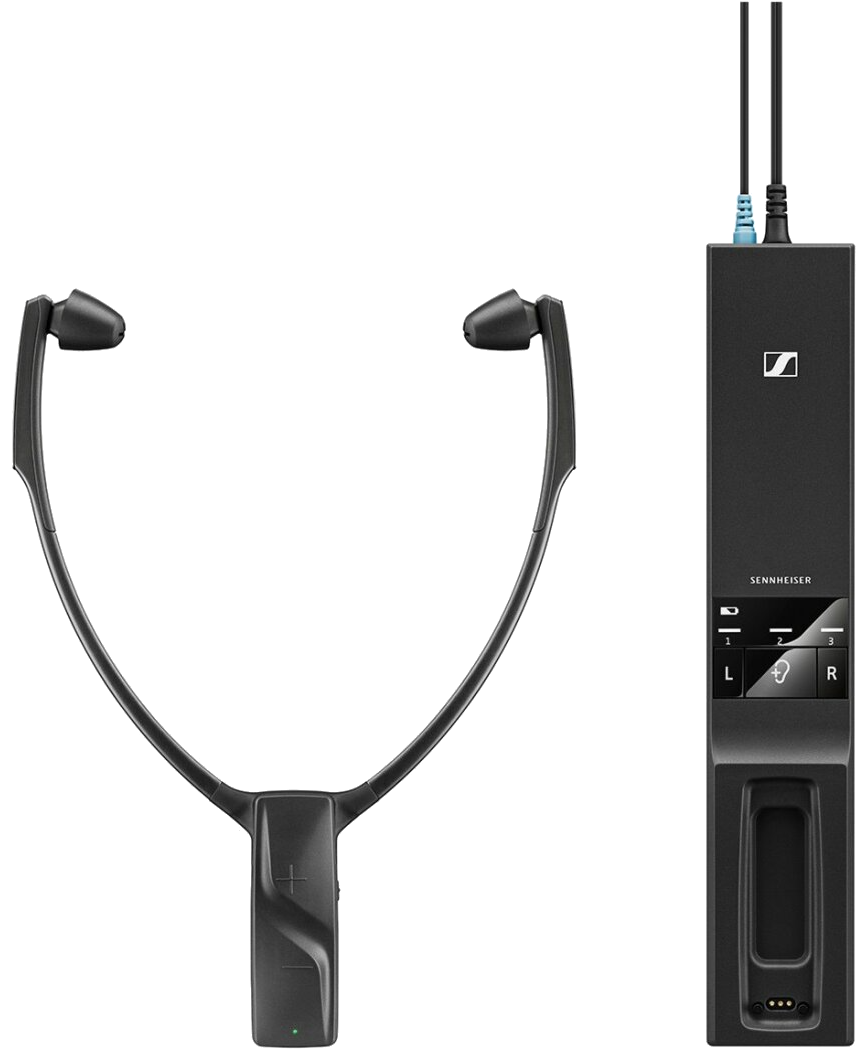 Sennheiser in-ear hoofdtelefoon en een oplaadstation. De hoofdtelefoon is links.
