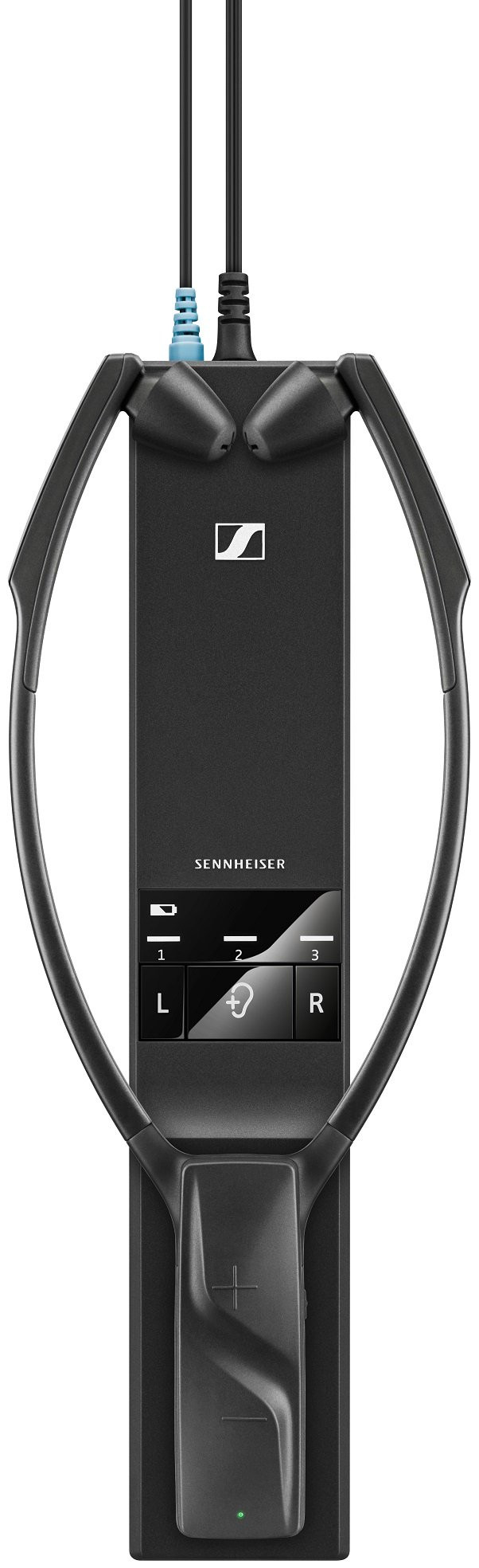 Zwart Sennheiser-apparaat met oordopjes en een plussymbool aan de onderkant.
